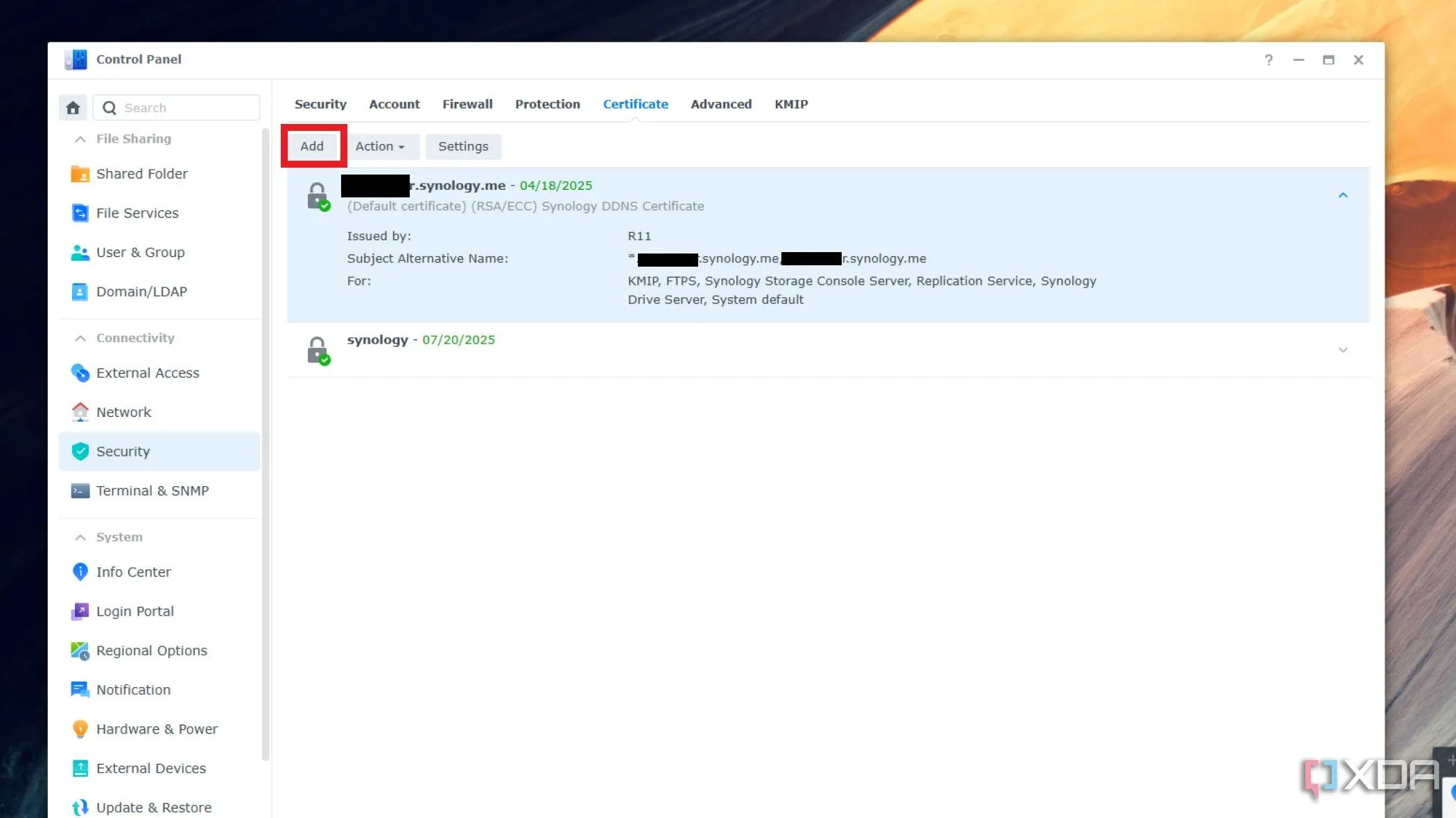 Menu quản lý chứng chỉ SSL trong Control Panel của Synology DSM, hiển thị danh sách các chứng chỉ đã cài đặt