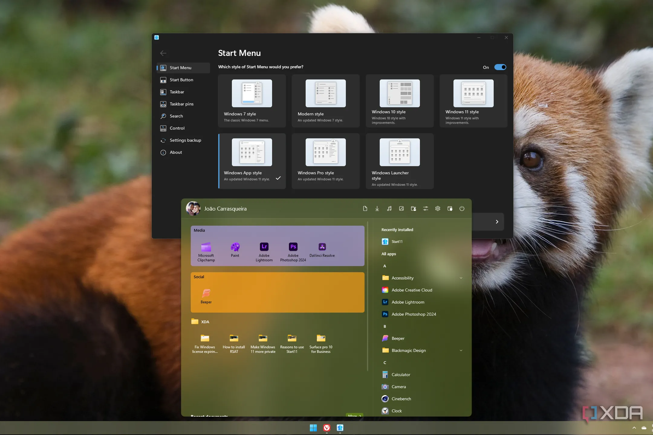 Menu Start tùy chỉnh của Start11 trên giao diện Windows 11