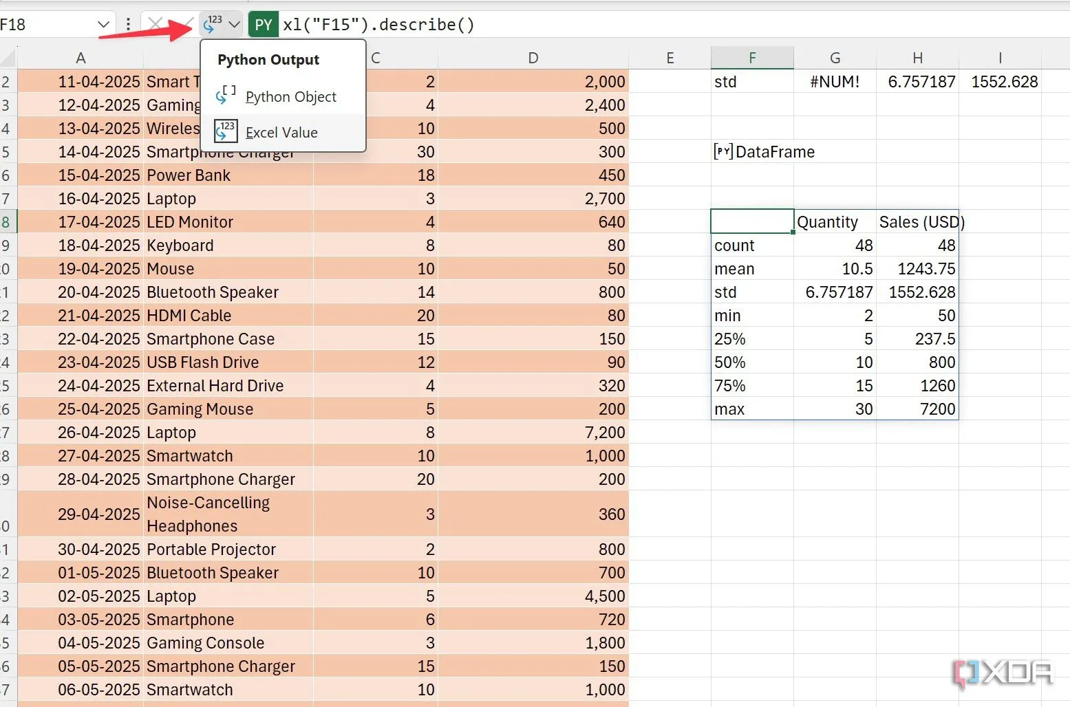 Menu thả xuống trong Excel cho phép chuyển đổi kết quả từ đối tượng Python sang hiển thị giá trị Excel thông thường