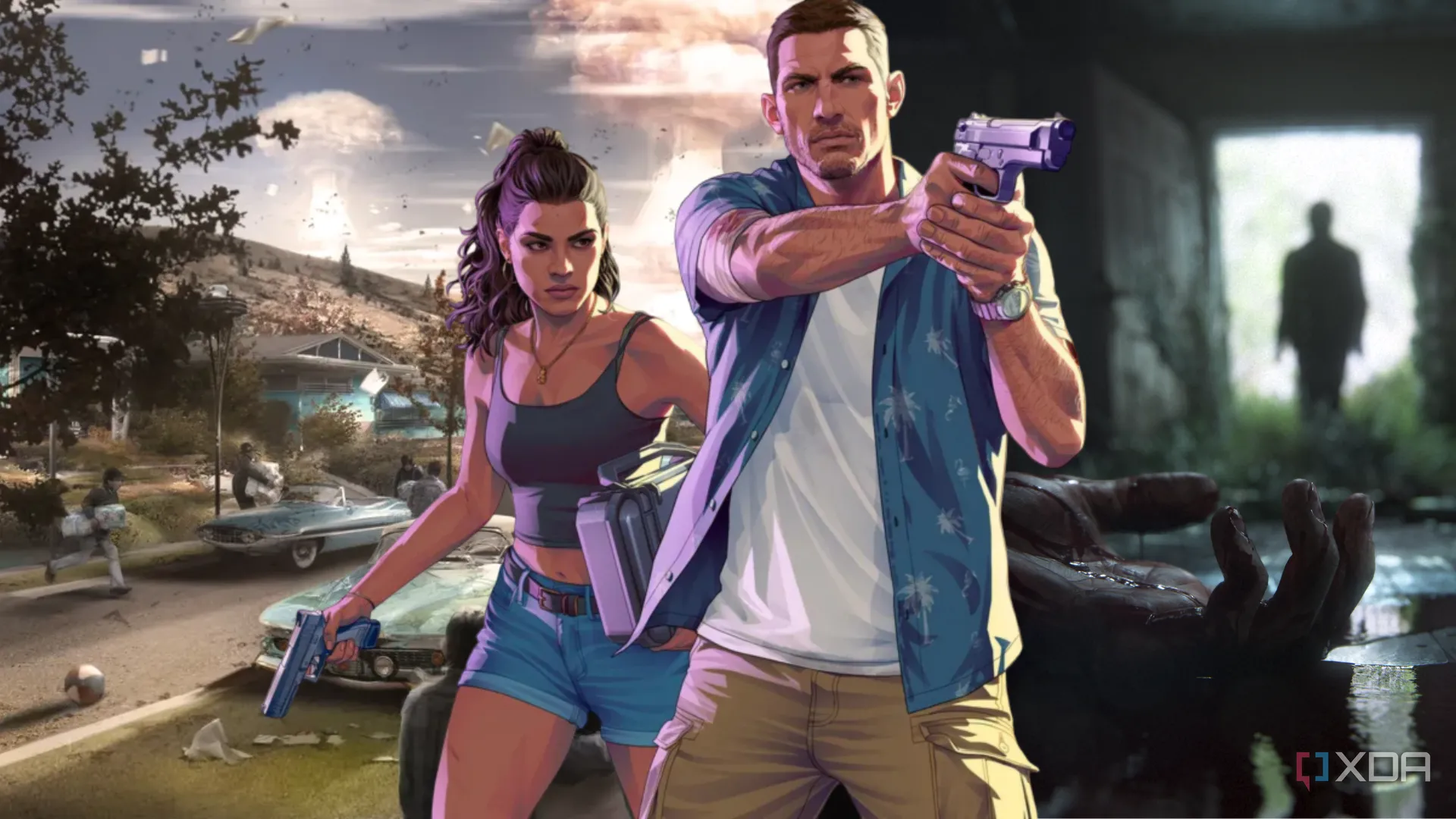 Minh họa các nhân vật điển hình trong game thế giới mở, gợi nhớ đến phong cách của Grand Theft Auto và các tựa game tương tự.