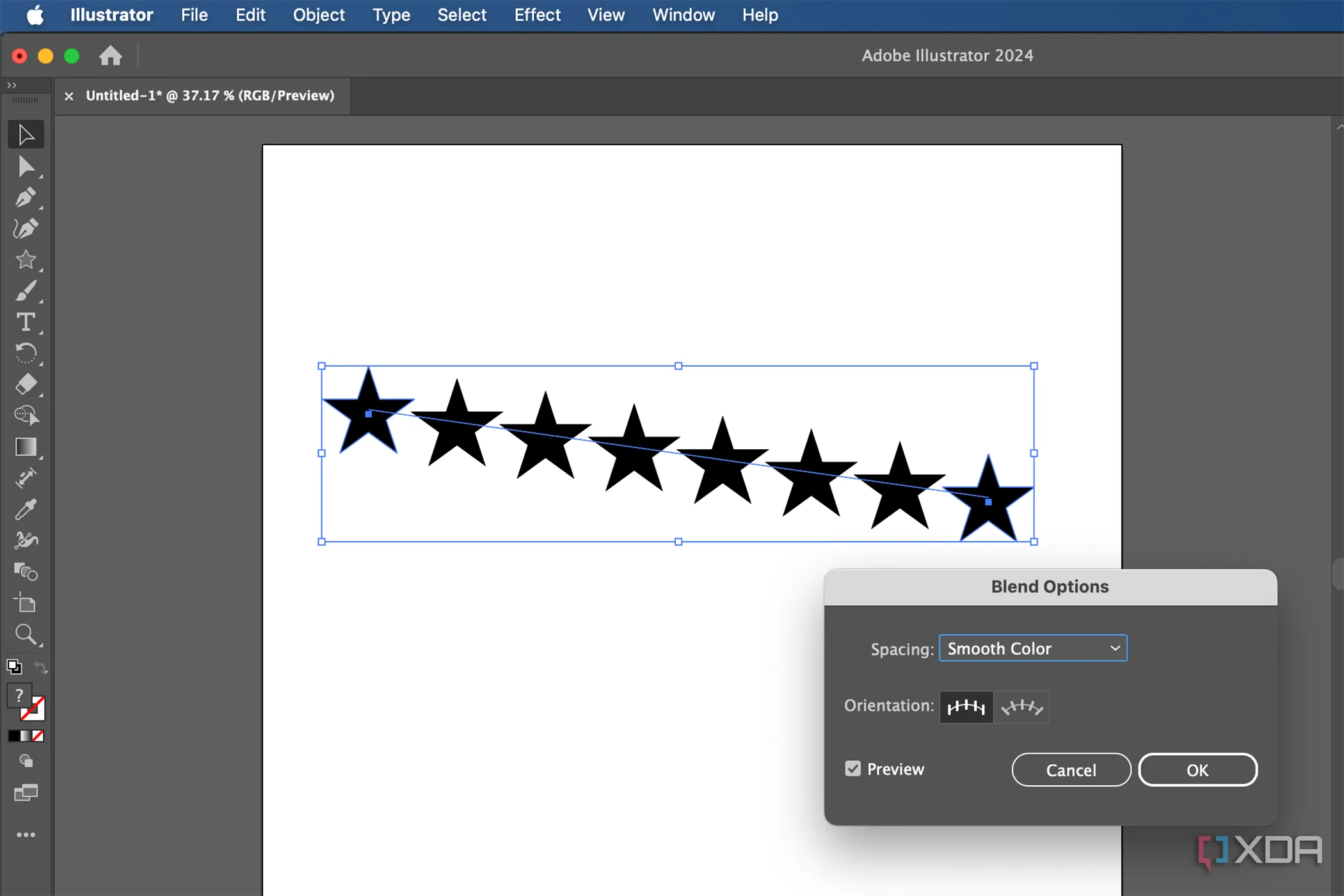 Minh họa công cụ Blend (Hòa trộn) trong Adobe Illustrator, tạo ra các hiệu ứng chuyển sắc và hình dạng mượt mà, thể hiện sức mạnh thiết kế vector của Illustrator.