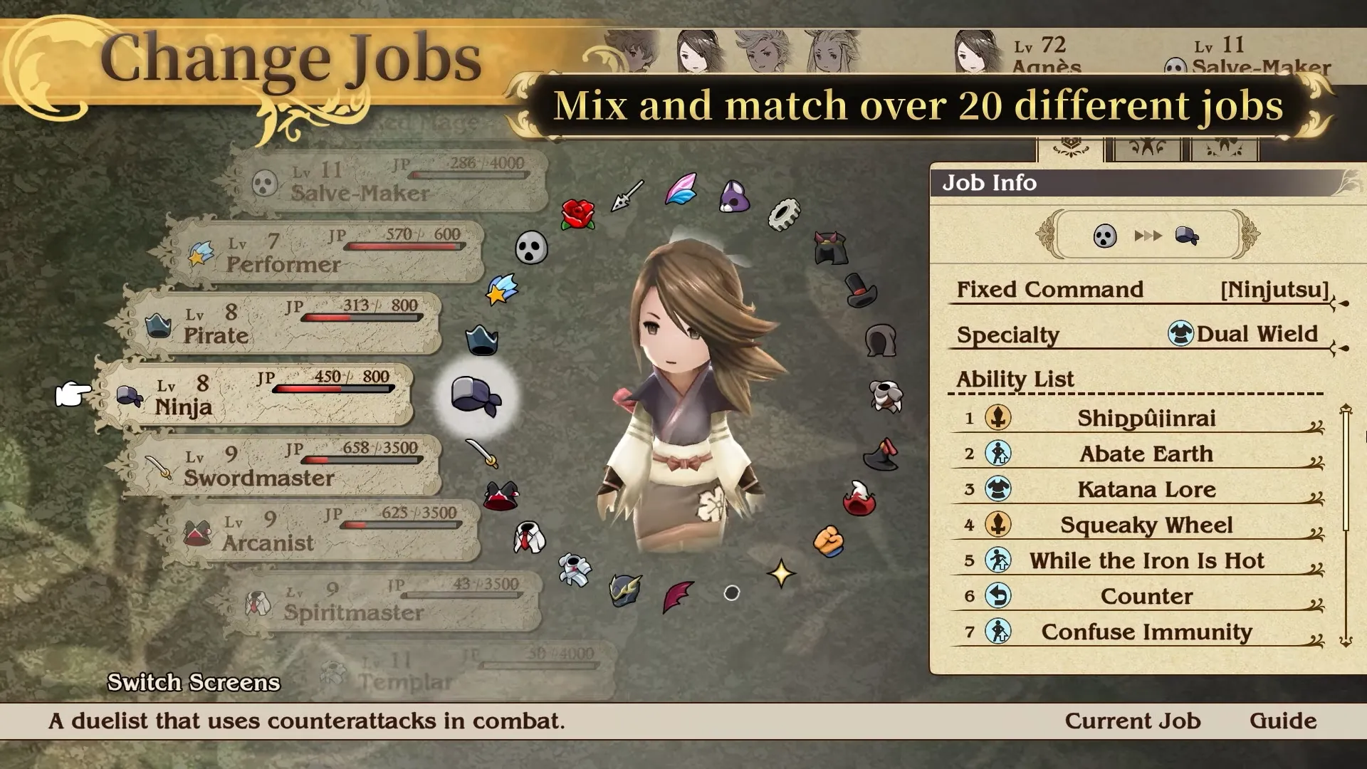 Minh họa hệ thống nghề nghiệp Job System cho phép tùy biến nhân vật trong Bravely Default