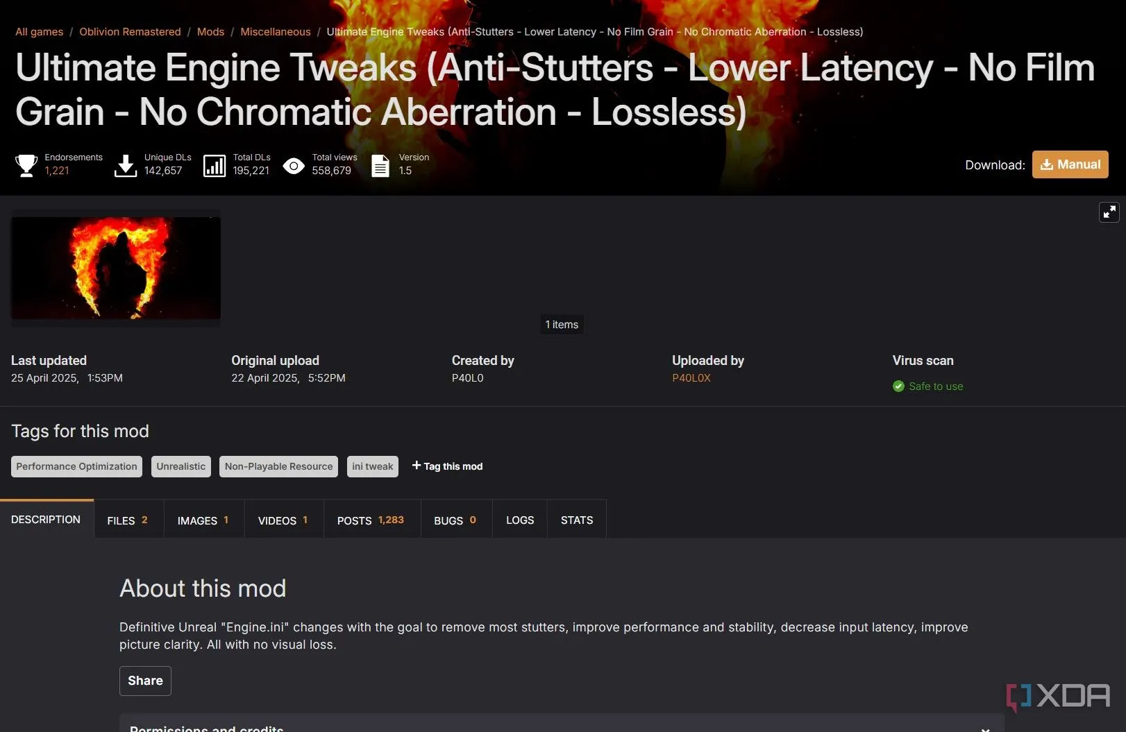 Minh họa mod Ultimate Engine Tweaks để tối ưu file engine.ini cho Unreal Engine 5 trong Oblivion Remastered