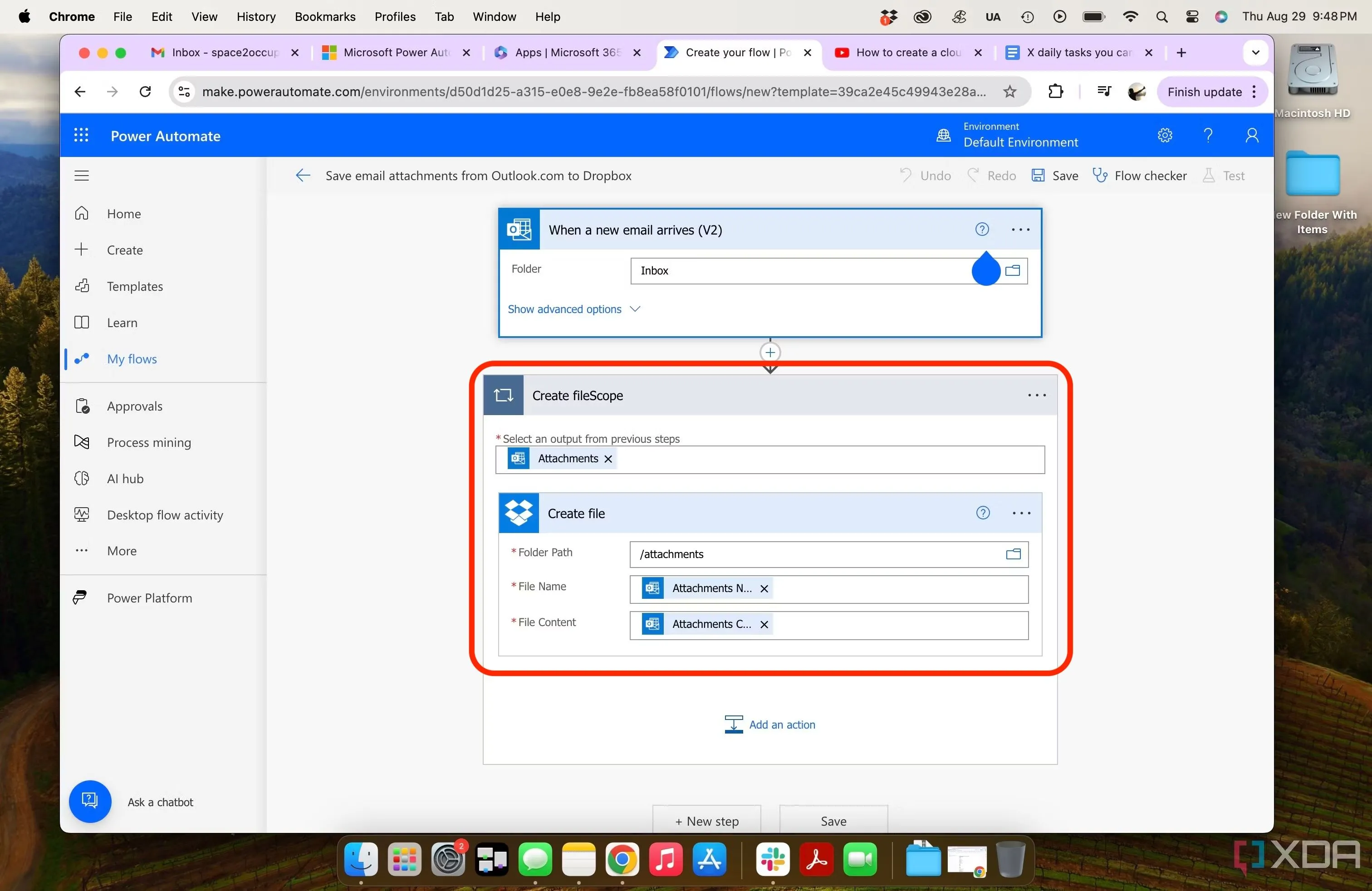 Minh họa quy trình tự động tải tệp đính kèm từ Outlook và lưu vào Dropbox bằng Microsoft Power Automate