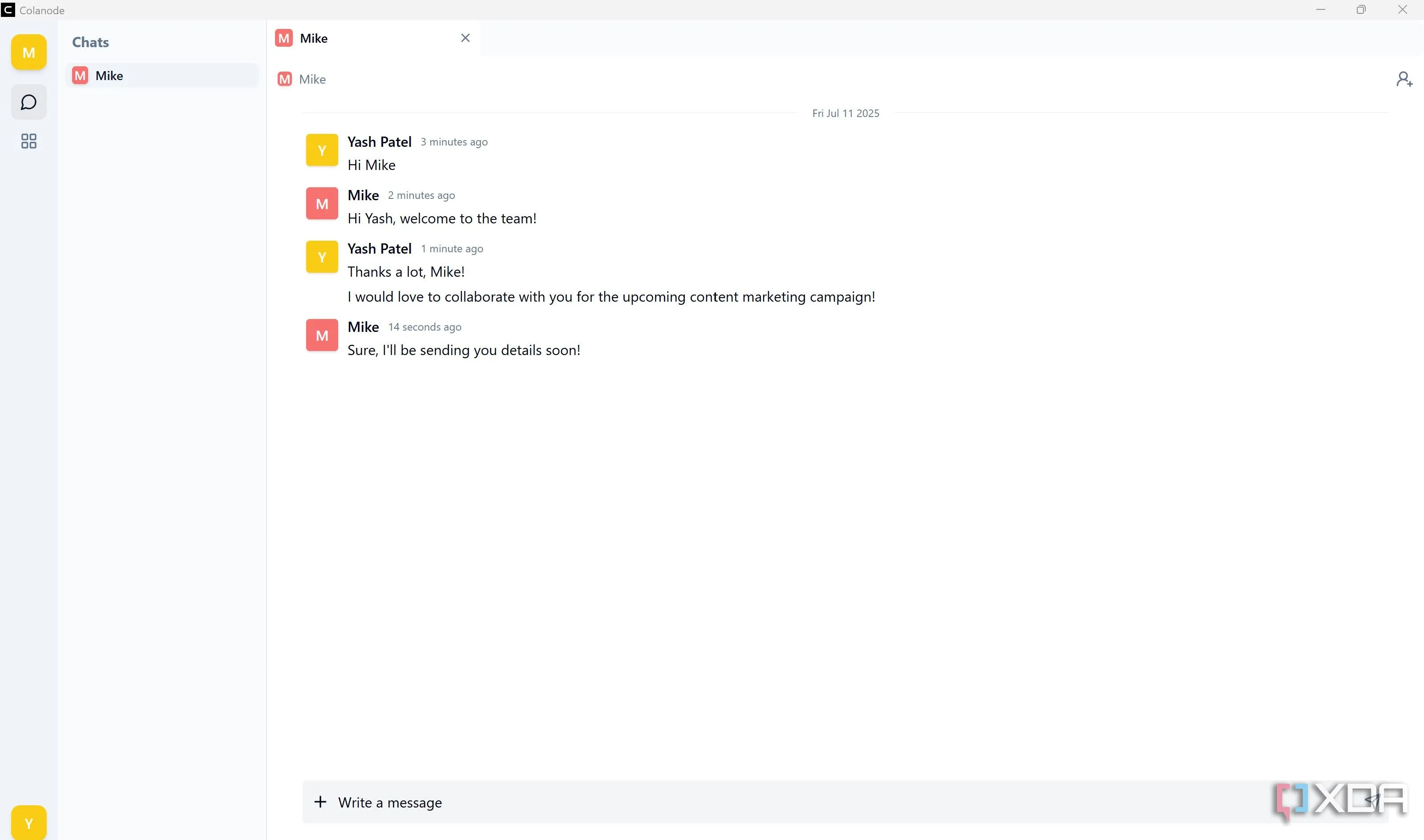 Minh họa tính năng chat cơ bản trong Colanode, với các kênh trò chuyện đơn giản.