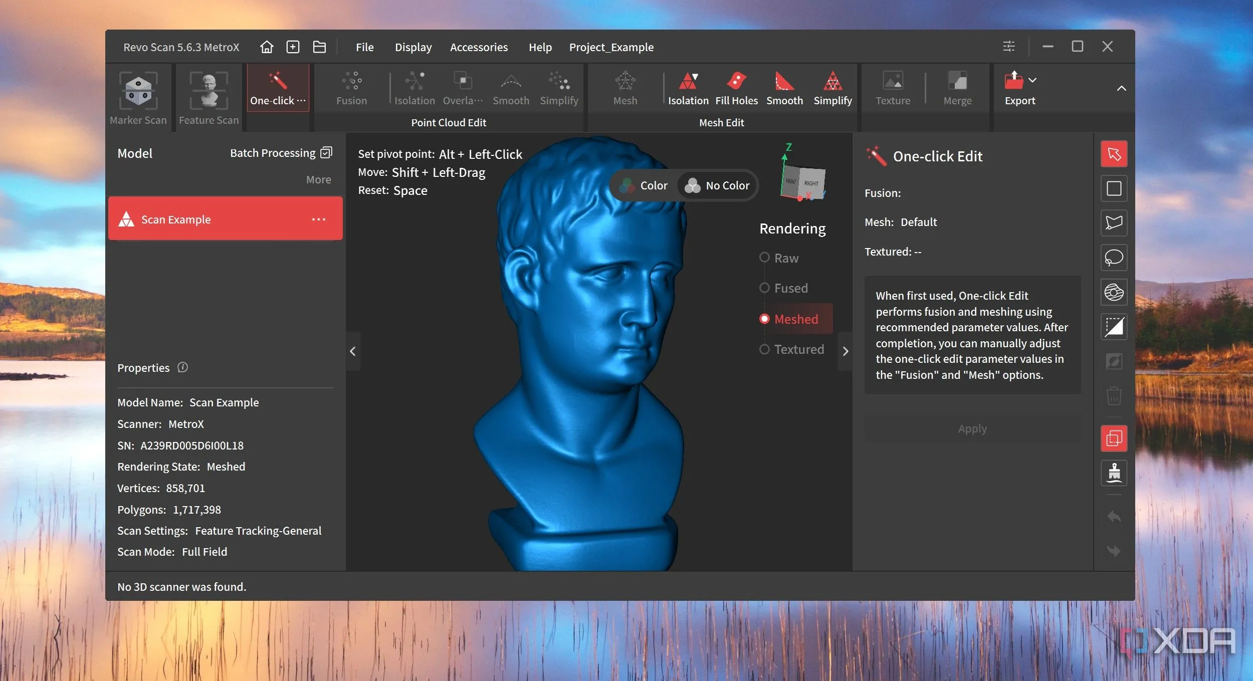 Mô hình đầu người được quét 3D và hiển thị trên phần mềm Revo Scan 5, thể hiện khả năng tái tạo vật thể chi tiết bằng công nghệ quét 3D.
