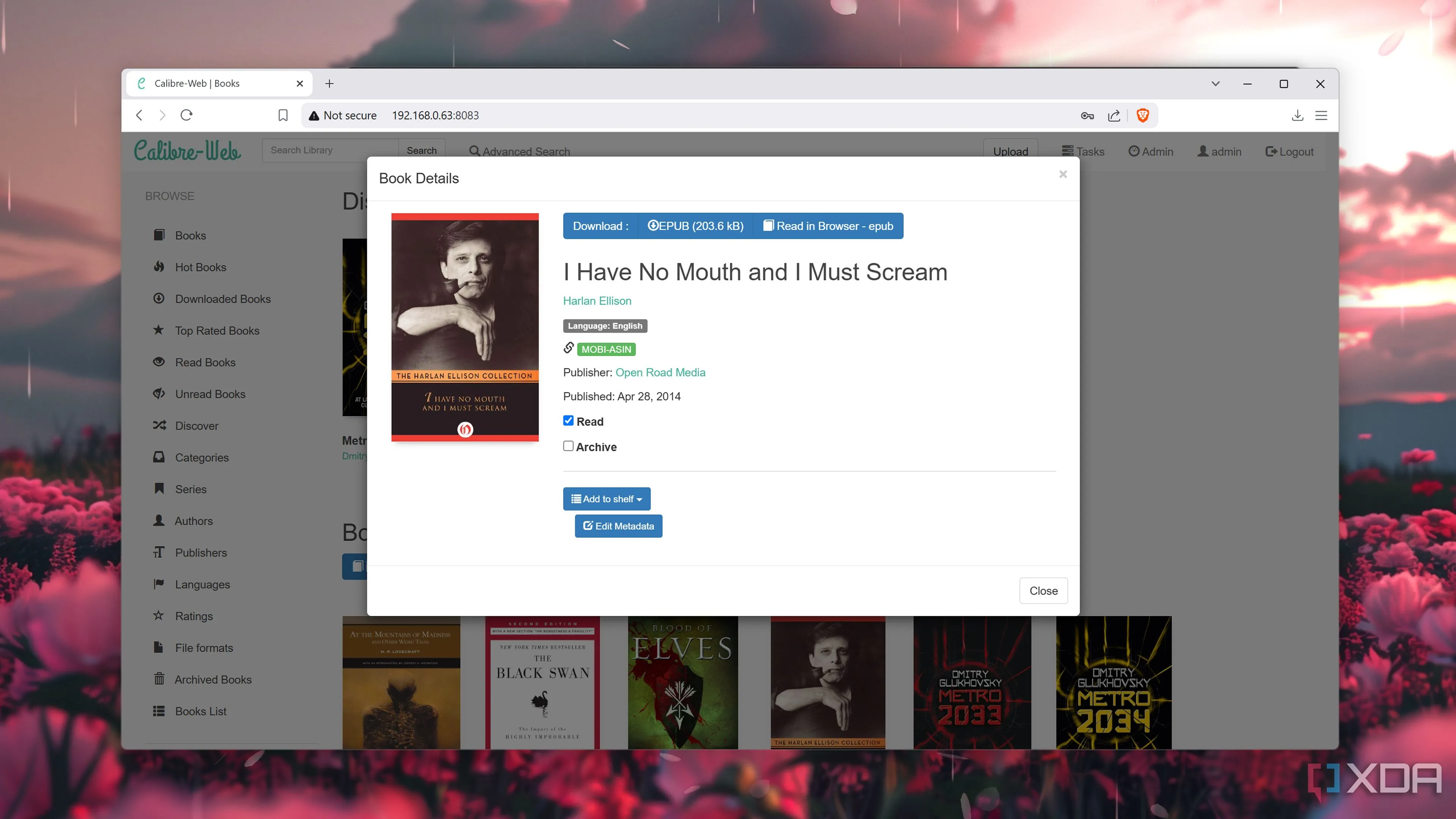 Mở sách trên Calibre-Web, hiển thị giao diện đọc ebook trực tuyến