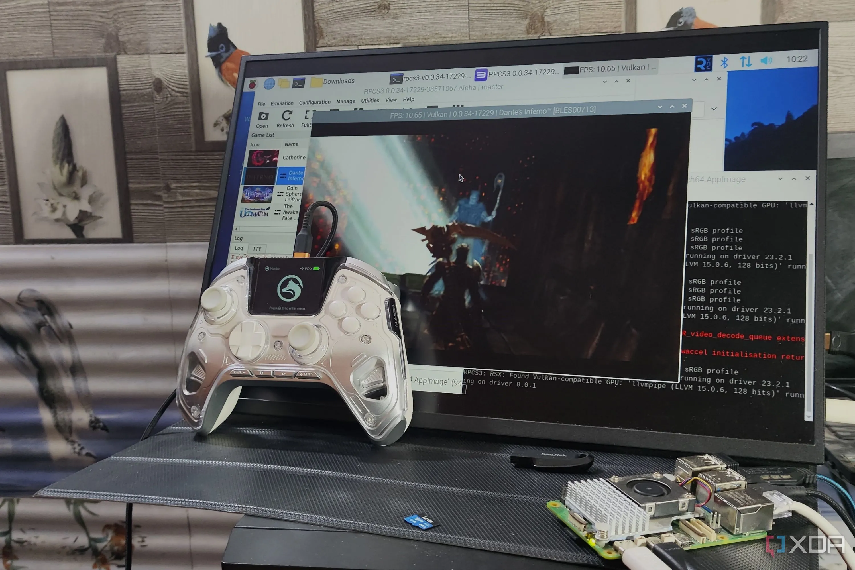 Mô tả hình ảnh Dante trong game giả lập RPCS3 đang chạy trên màn hình máy tính với các thông số hiệu suất hiển thị