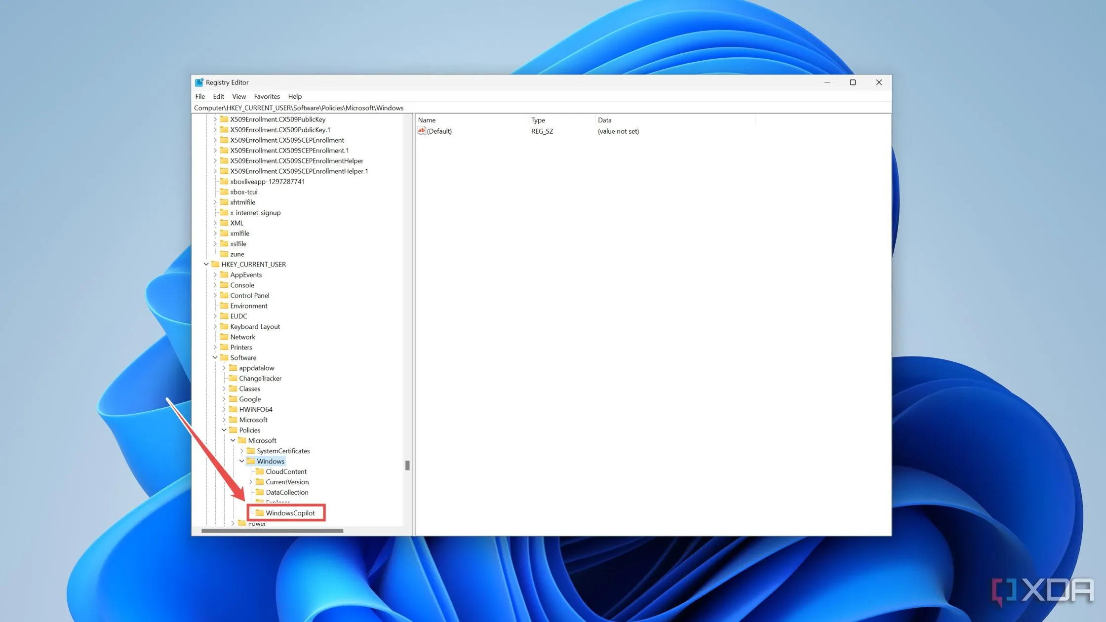 Mô tả vị trí thư mục Windows trong Registry Editor để tắt Copilot