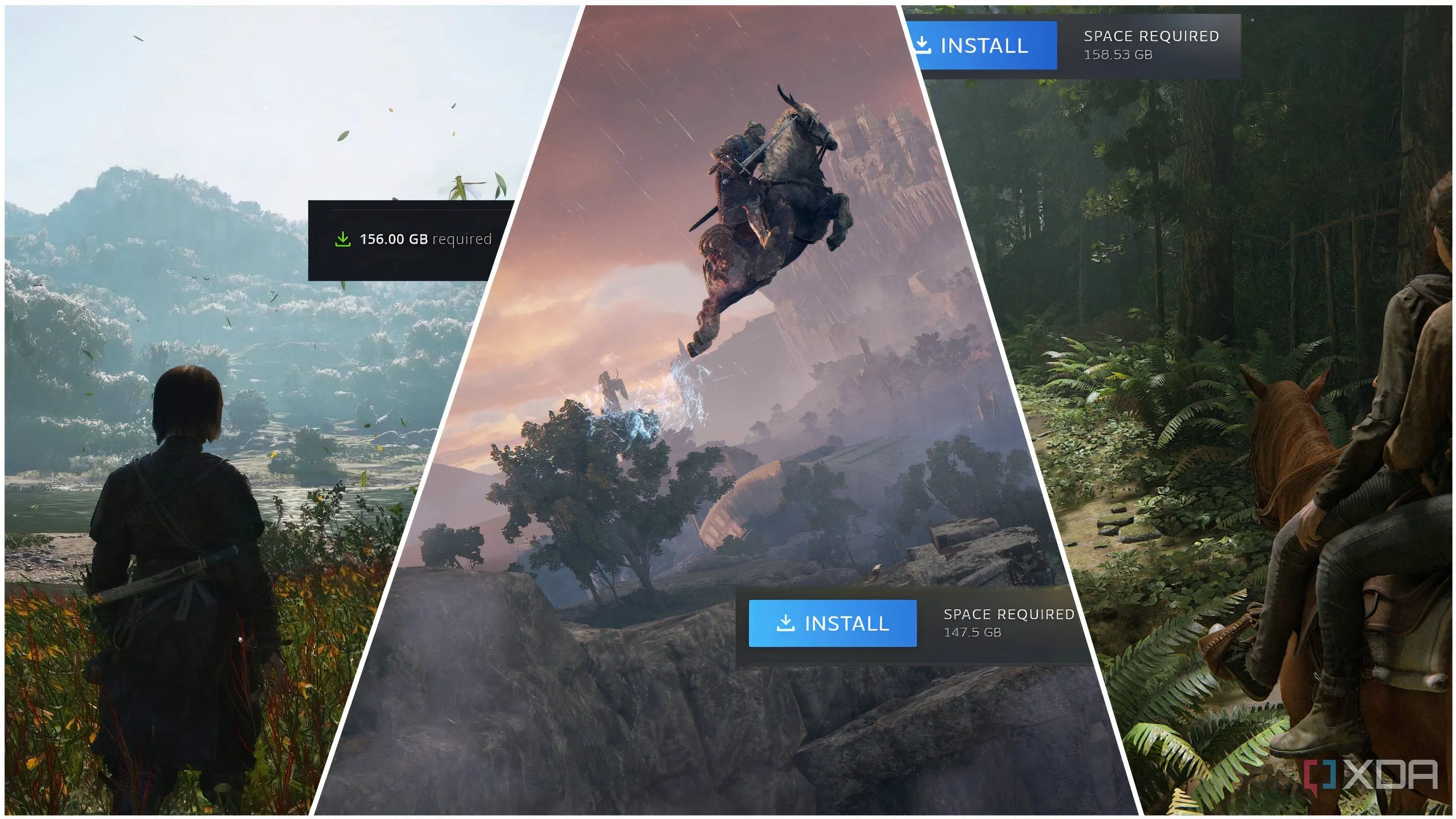 Một ảnh cắt ghép từ các trò chơi nổi tiếng như Assassin's Creed, Dark Souls và Grand Theft Auto, minh họa sự đa dạng của game.