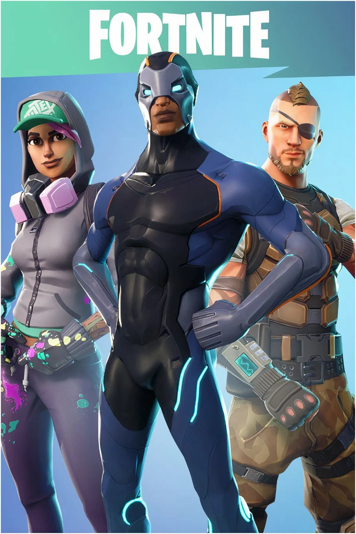 Một ảnh cắt ghép từ Fortnite, thể hiện các nhân vật và bối cảnh hành động đa dạng trong game
