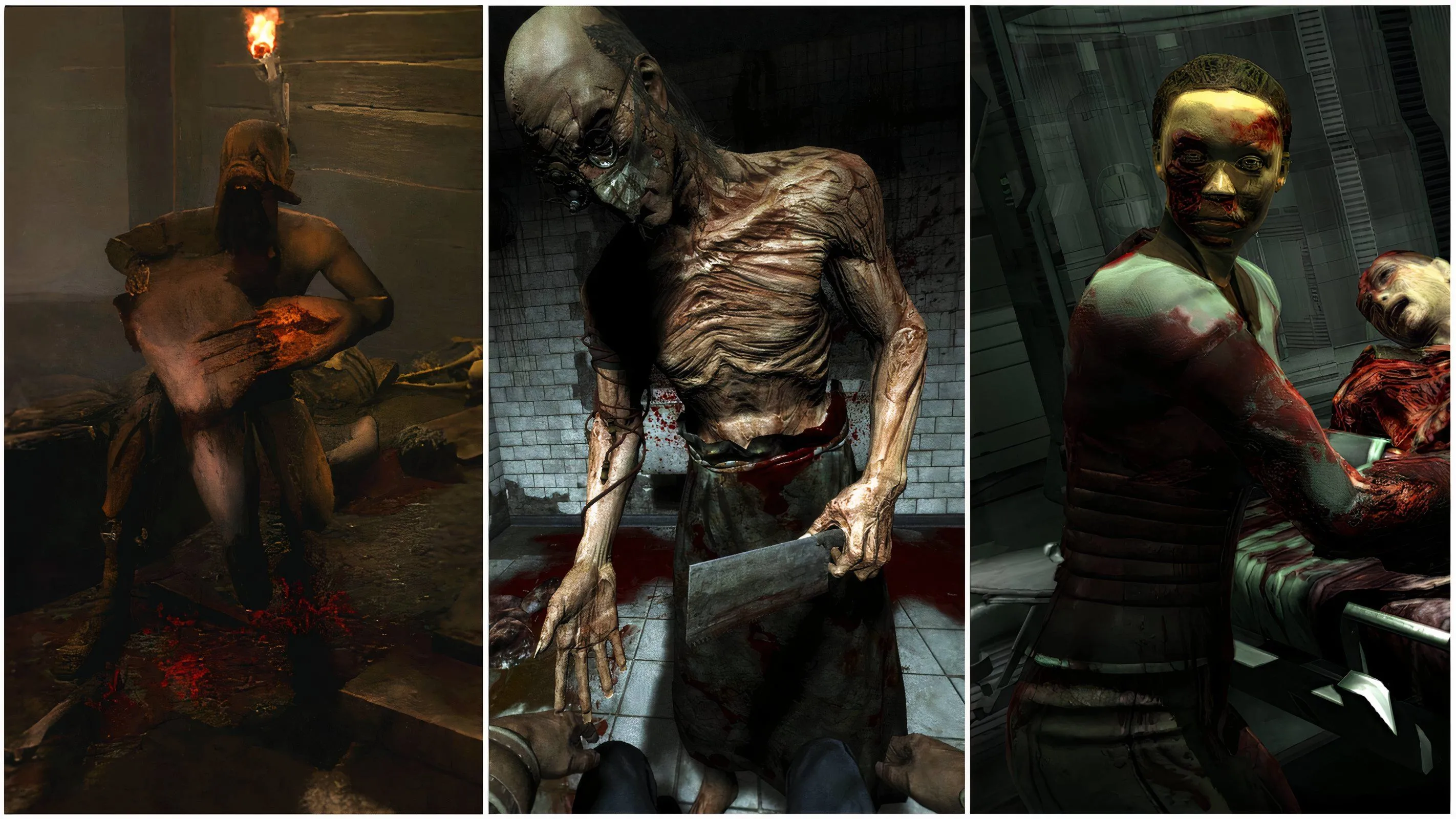 Một bức ảnh ghép từ ba tựa game kinh dị nổi tiếng: Amnesia, Outlast và Dead Space, thể hiện sự ảnh hưởng của cách kể chuyện gián tiếp và không khí rùng rợn.