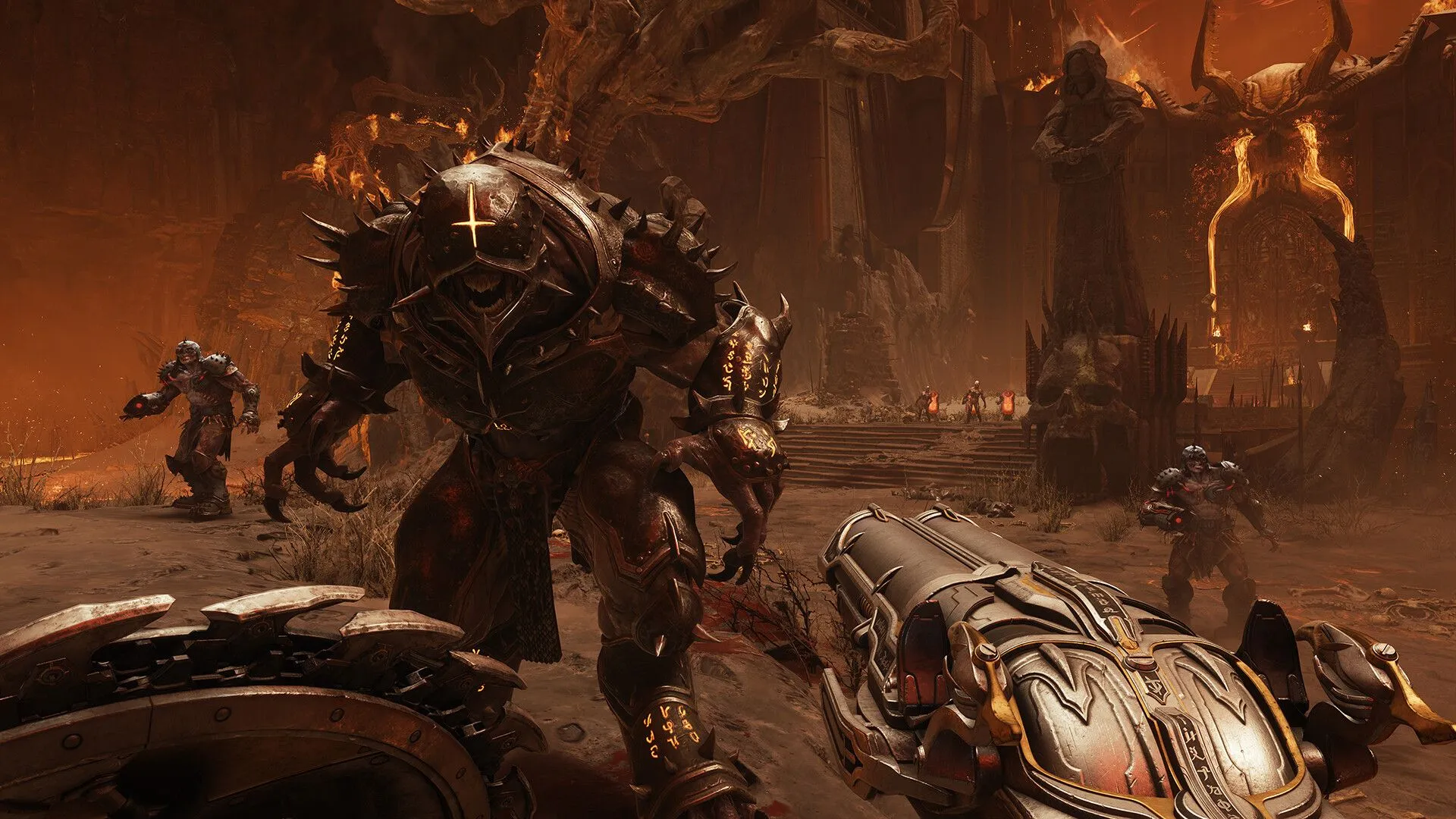 Một cảnh gameplay của Doom: The Dark Ages, cho thấy Doom Slayer trong trận chiến khốc liệt