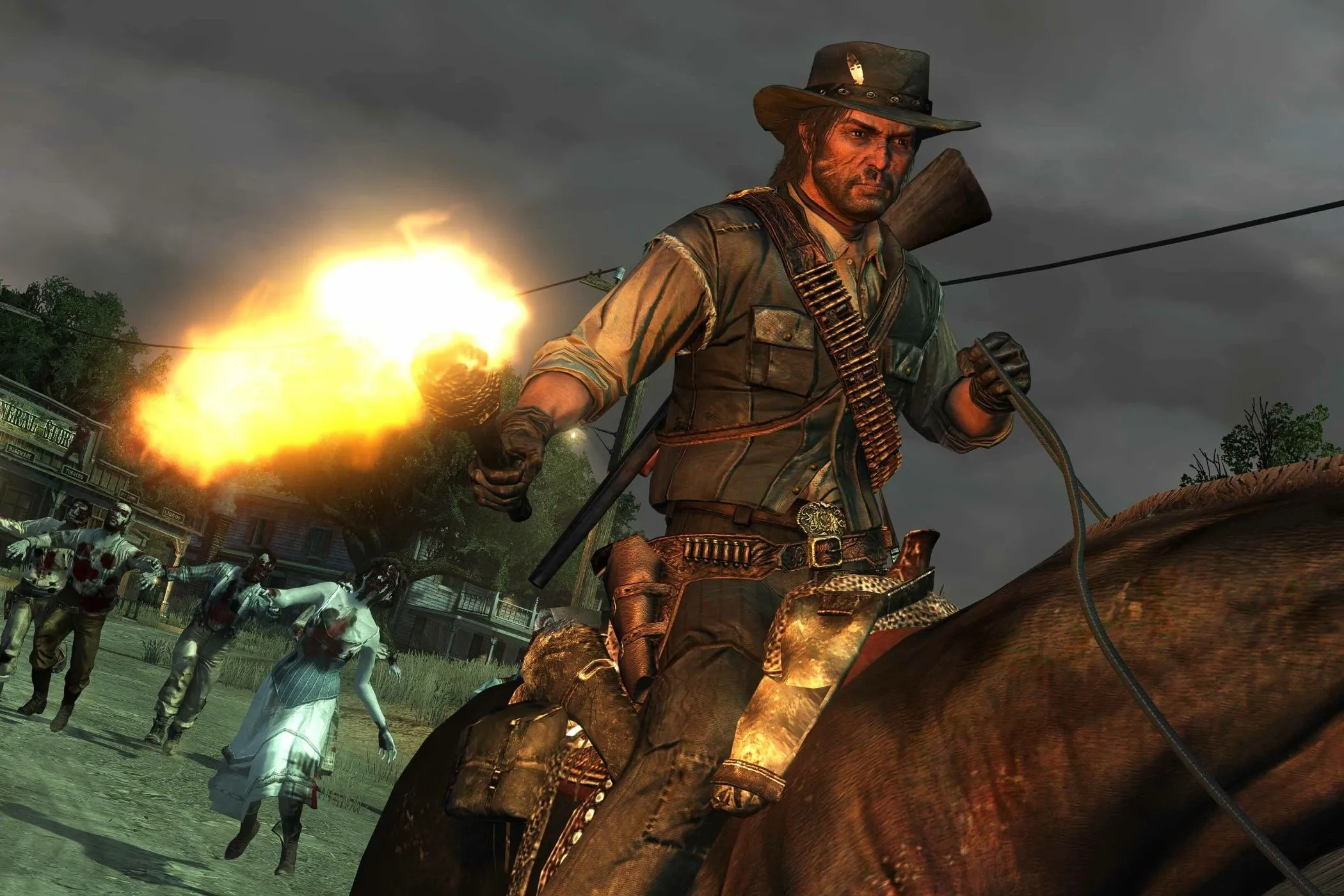 Một cảnh hành động kịch tính trong Red Dead Redemption: Undead Nightmare, với nhân vật cưỡi ngựa cầm đuốc giữa bầy zombie, minh họa cho game kinh điển tạo dấu ấn văn hóa.