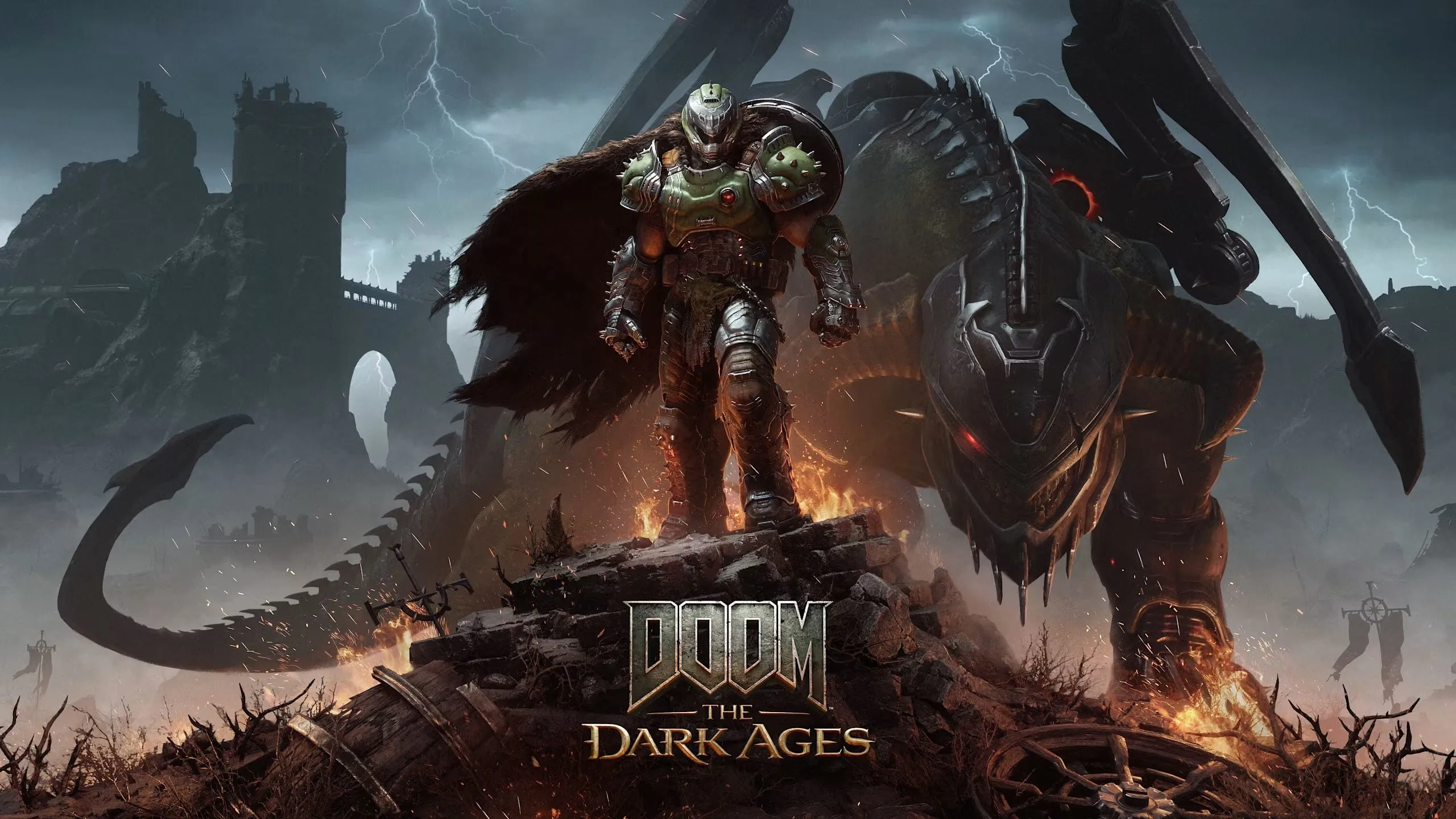Một cảnh từ game Doom: The Dark Ages, cho thấy Doom Slayer đứng trên đống đổ nát cùng một con rồng khổng lồ
