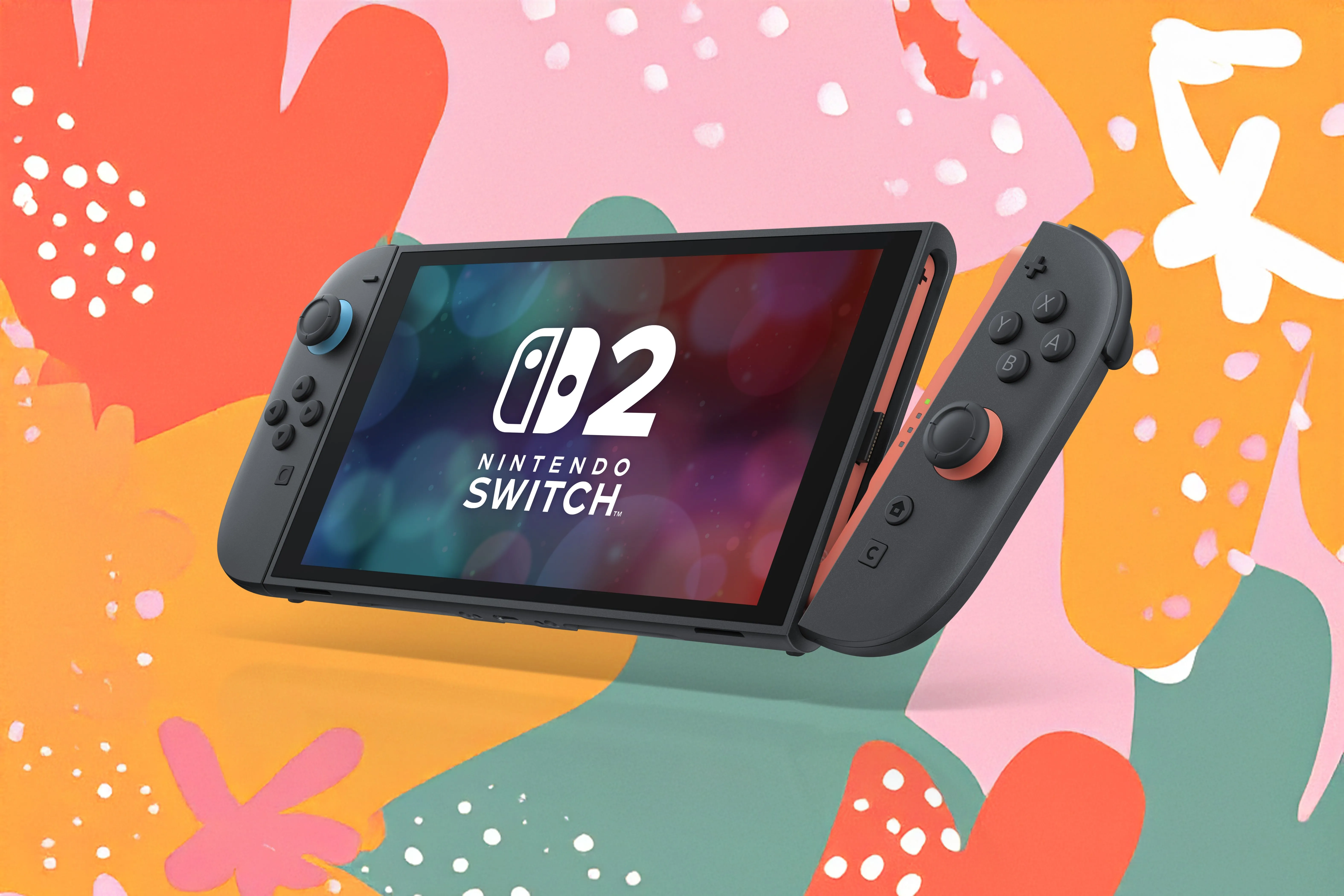 Một chiếc máy chơi game Nintendo Switch 2 màu đen với Joy-Con 2 đang được tháo rời, đặt trên nền màu sắc rực rỡ, tượng trưng cho thế hệ console cầm tay mới.