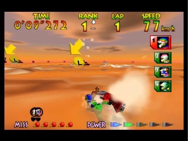 Một chiếc mô tô nước đang lướt trên những con sóng lớn trong game Wave Race 64