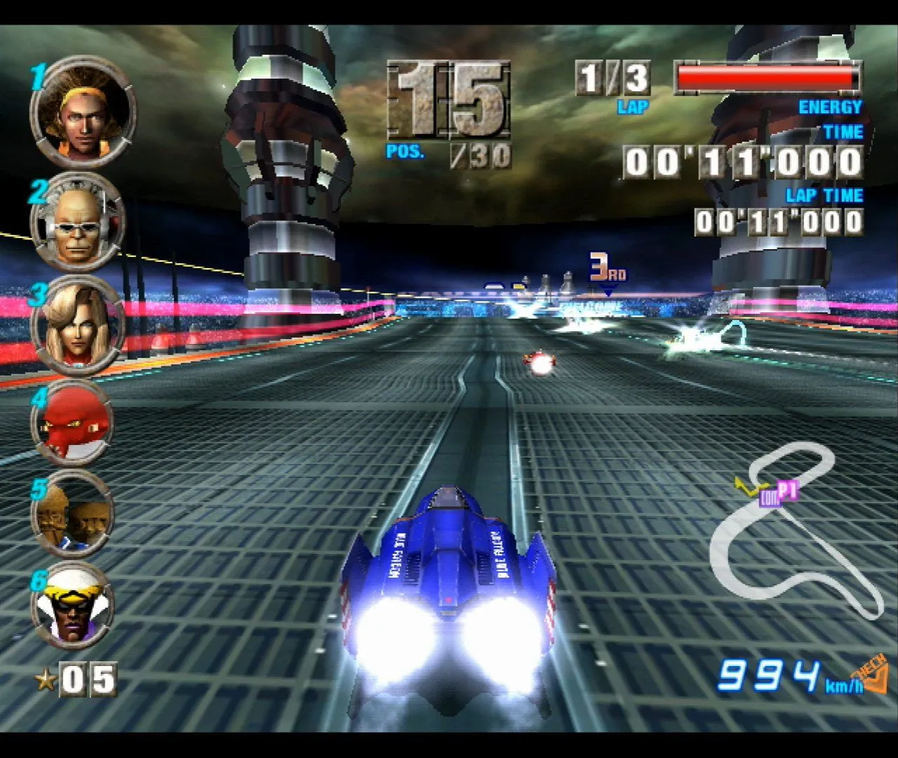 Một chiếc xe đua tương lai đang bay trên đường đua tốc độ cao trong F-Zero GX