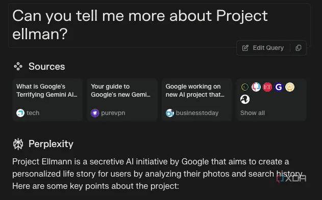 Một cuộc hội thoại trong Perplexity AI với câu hỏi tiếp theo về Google