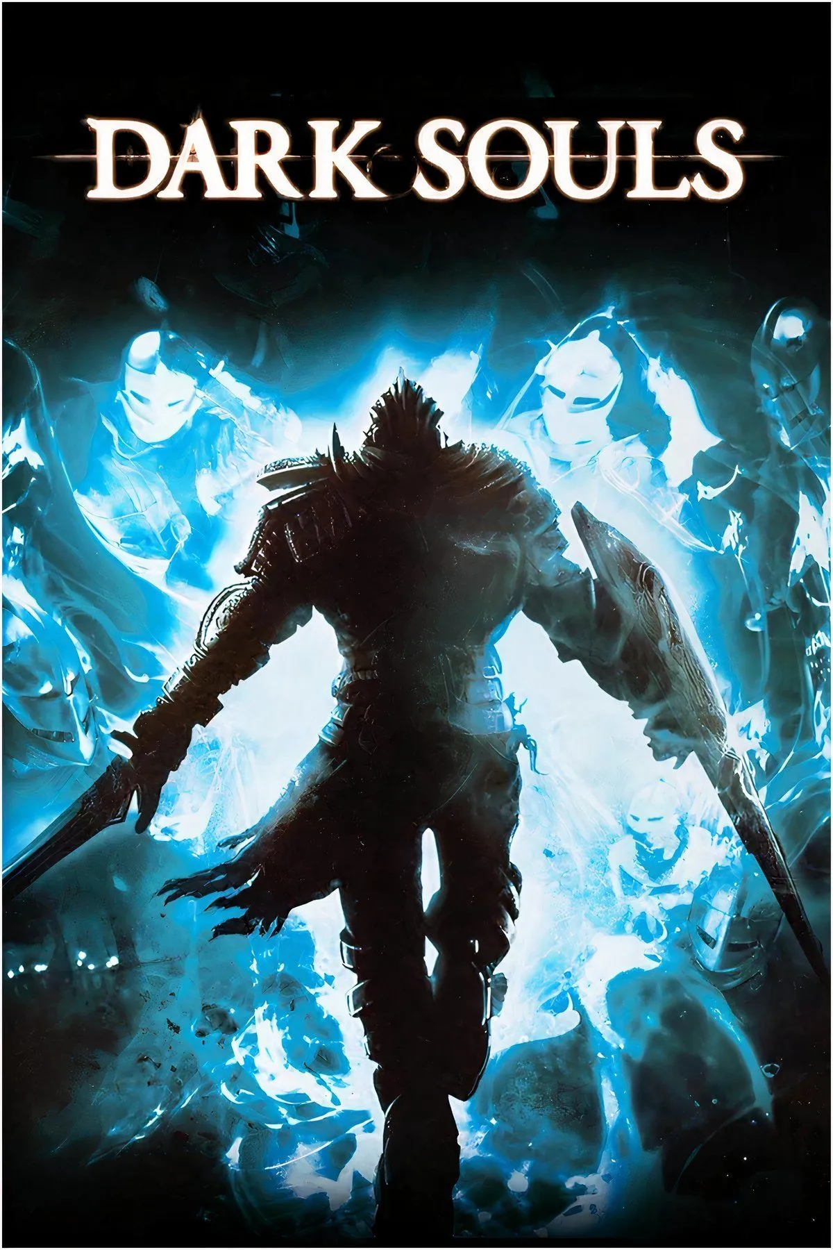 Một hiệp sĩ trong bộ giáp nặng nề đứng trong thế giới u tối của Dark Souls, nhìn ra một khung cảnh rộng lớn