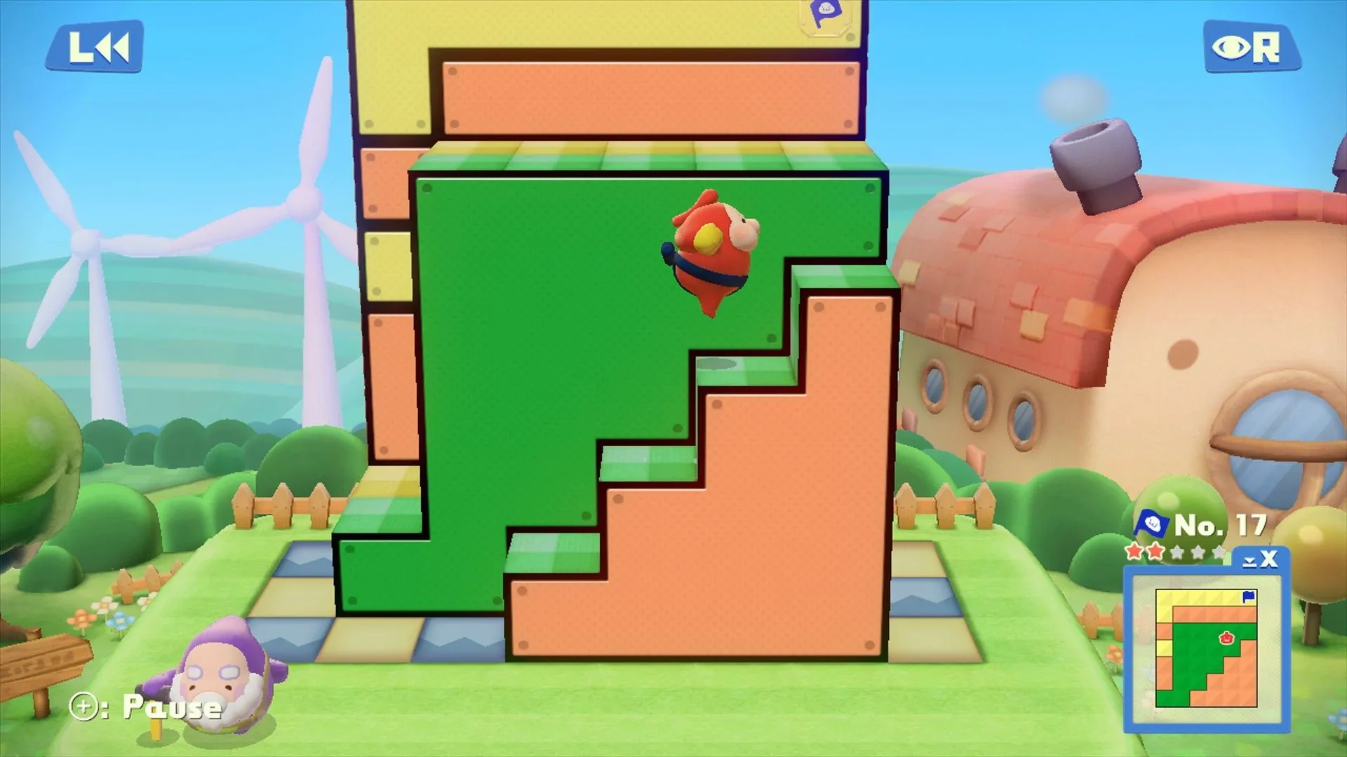 Một màn chơi trong Pushmo World trên Wii U, với các khối màu sắc cần được đẩy và kéo để tạo lối đi