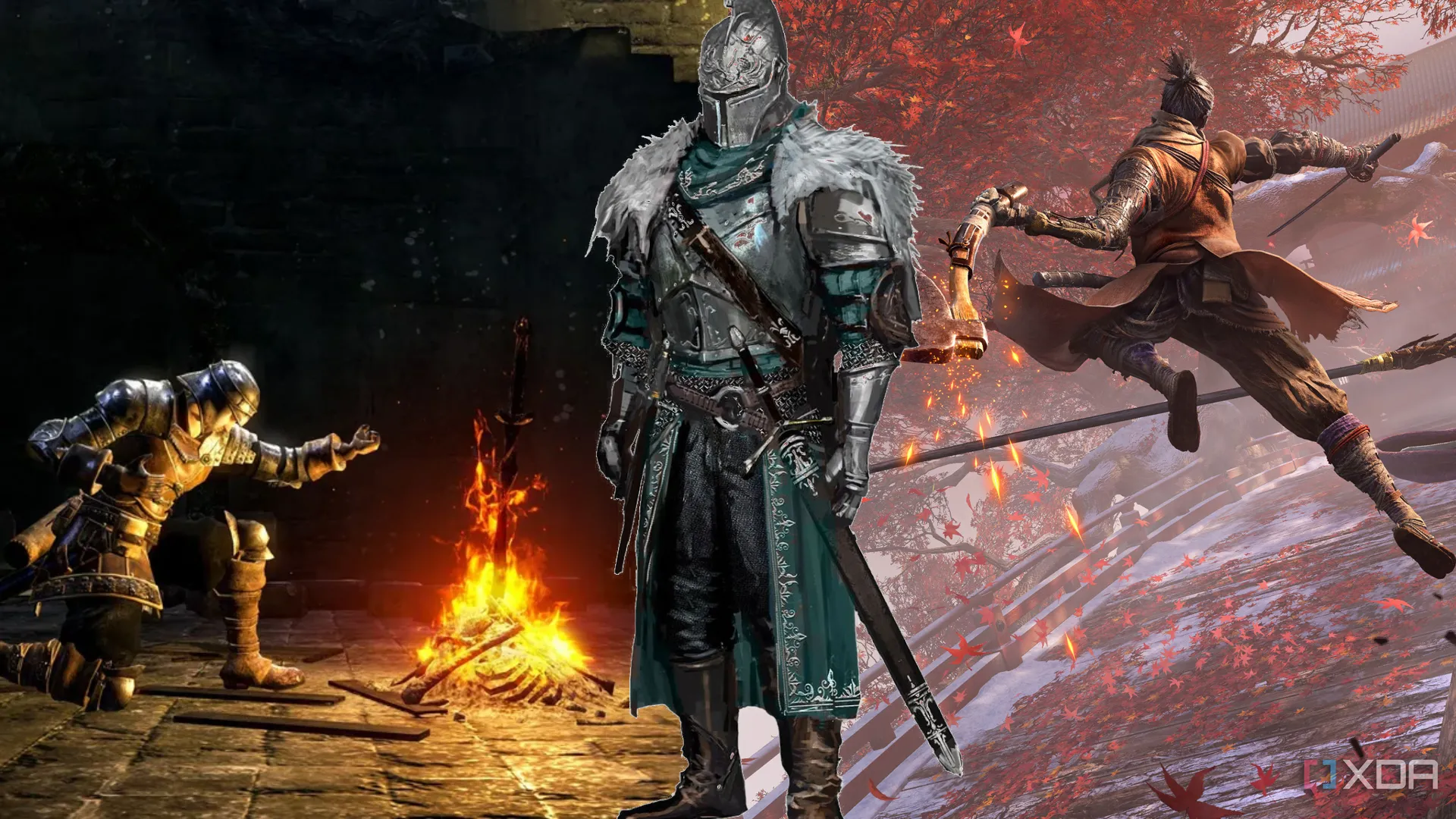 Một nhân vật chiến binh đứng giữa khung cảnh nghệ thuật của Dark Souls và Sekiro, thể hiện sự khó khăn và hấp dẫn của các tựa game Souls-like.