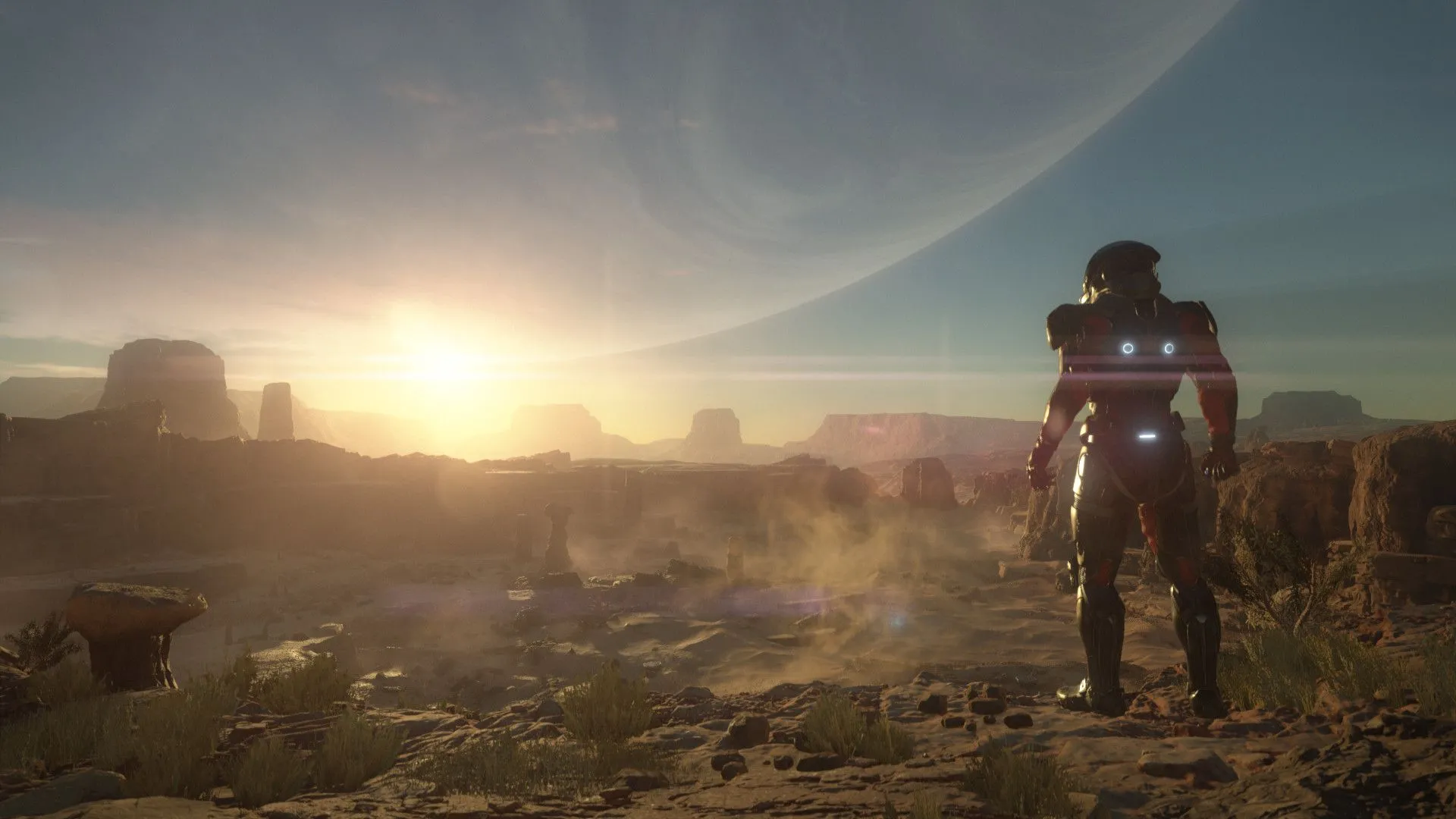 Một nhân vật đang ngắm nhìn phong cảnh rộng lớn của một hành tinh lạ trong Mass Effect Andromeda