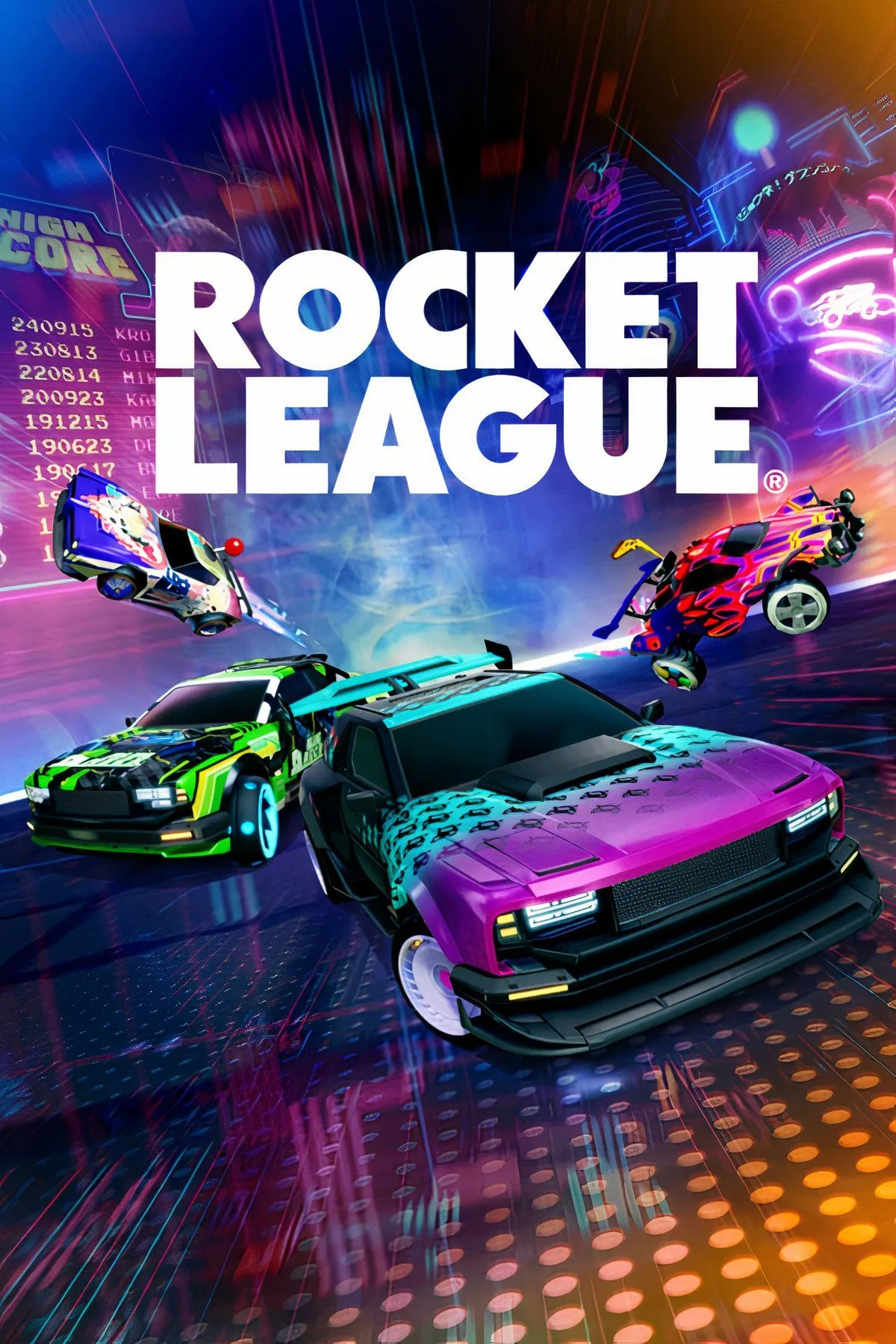 Một pha tranh bóng đầy kịch tính trong game Rocket League với hai chiếc xe đang lao về phía quả bóng