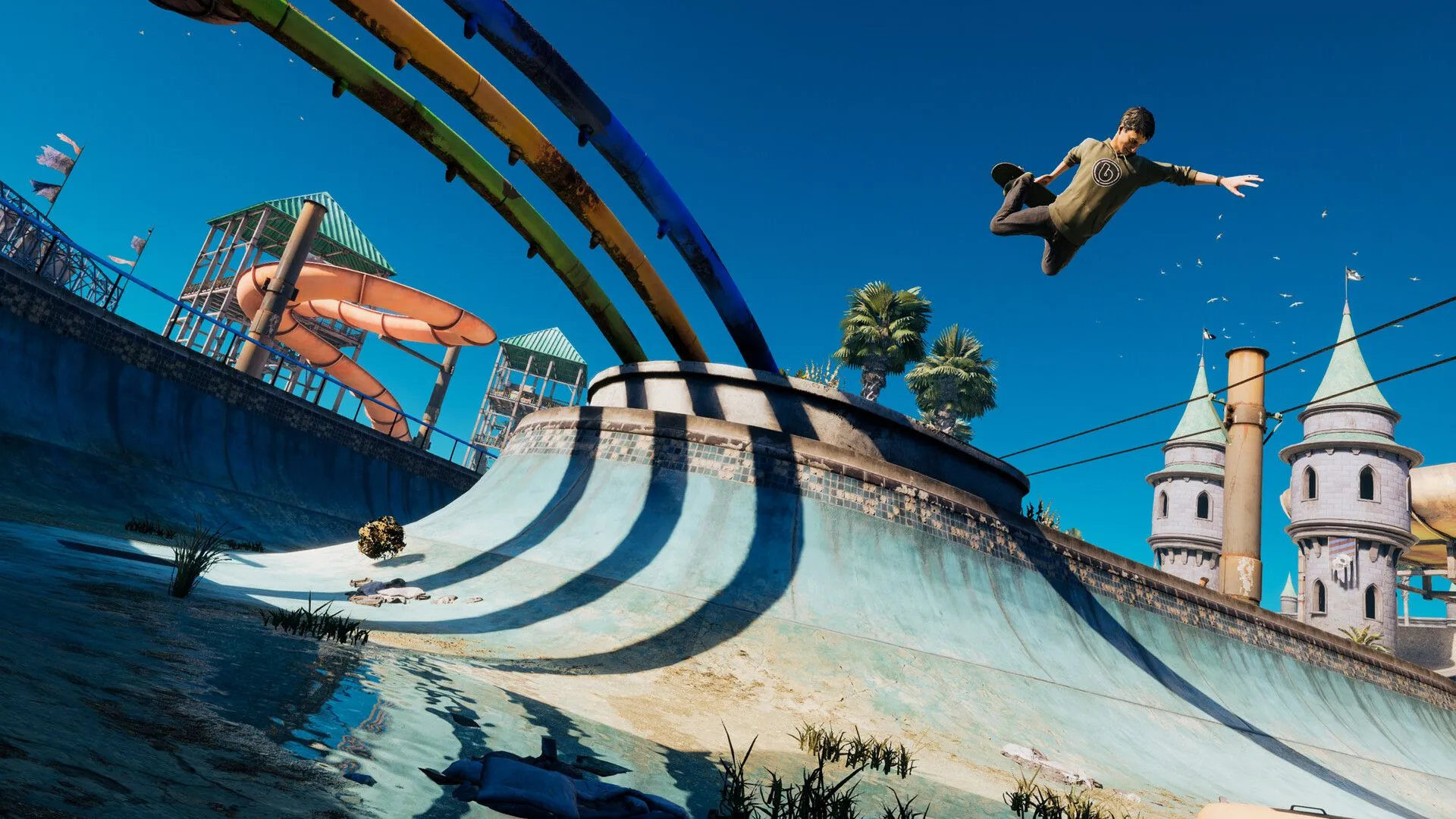Một skater thực hiện cú lượn ngoạn mục trên không trong môi trường game Tony Hawk's Pro Skater 3+4