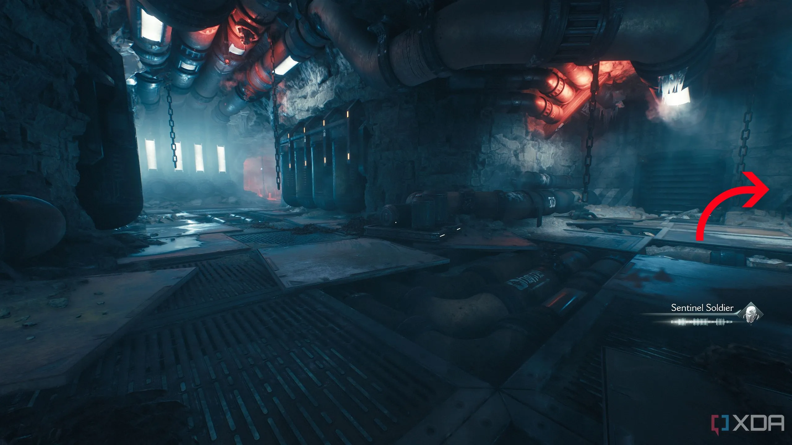 Mũi tên chỉ dẫn hướng rẽ phải tại ngã ba khi rời khỏi khu vực thông gió, dẫn đến bí mật trong Doom The Dark Ages.