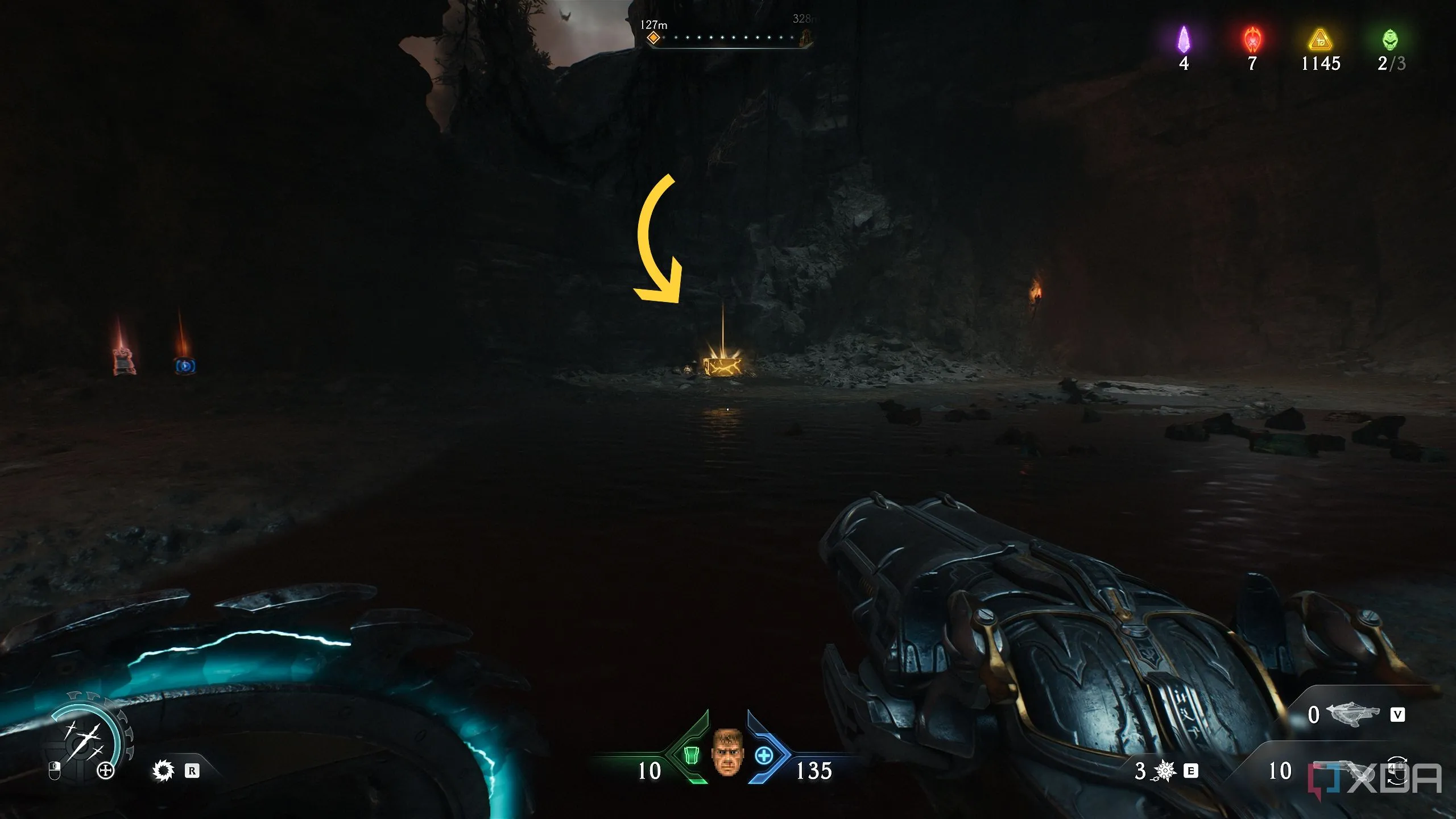 Mũi tên chỉ rương vàng sau cổng máu trong Chapter 20 Doom The Dark Ages