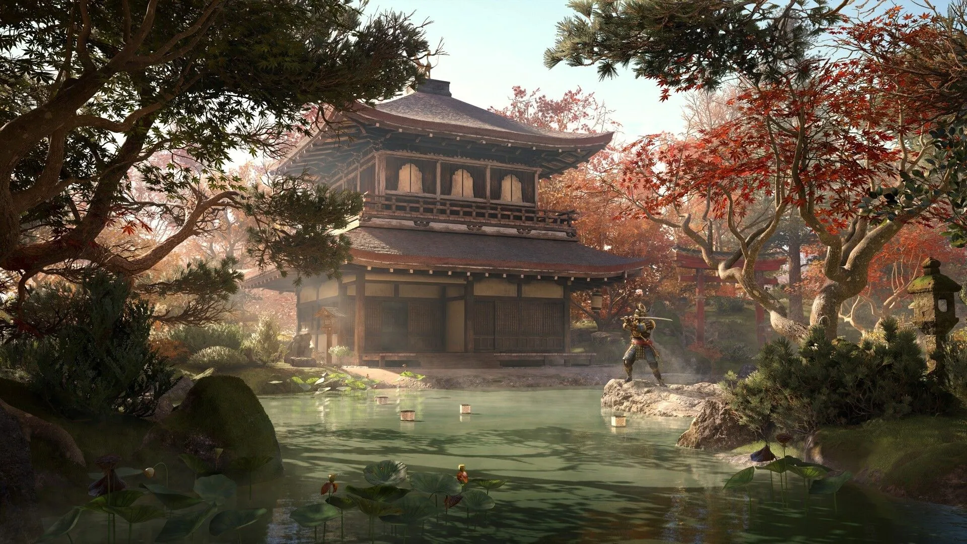 Naoe, nữ ninja trong Assassin's Creed Shadows, đang di chuyển trên mái nhà của một ngôi làng Nhật Bản