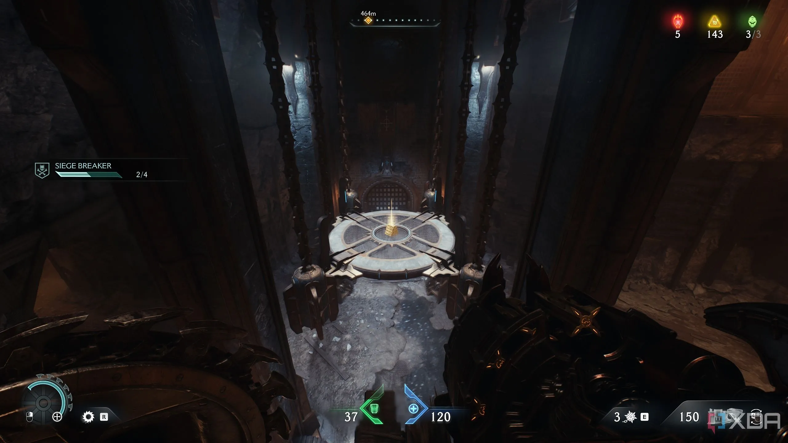 Nền kim loại dưới Doom Slayer, là một phần của cơ chế giải đố trong khu vực bí mật 5