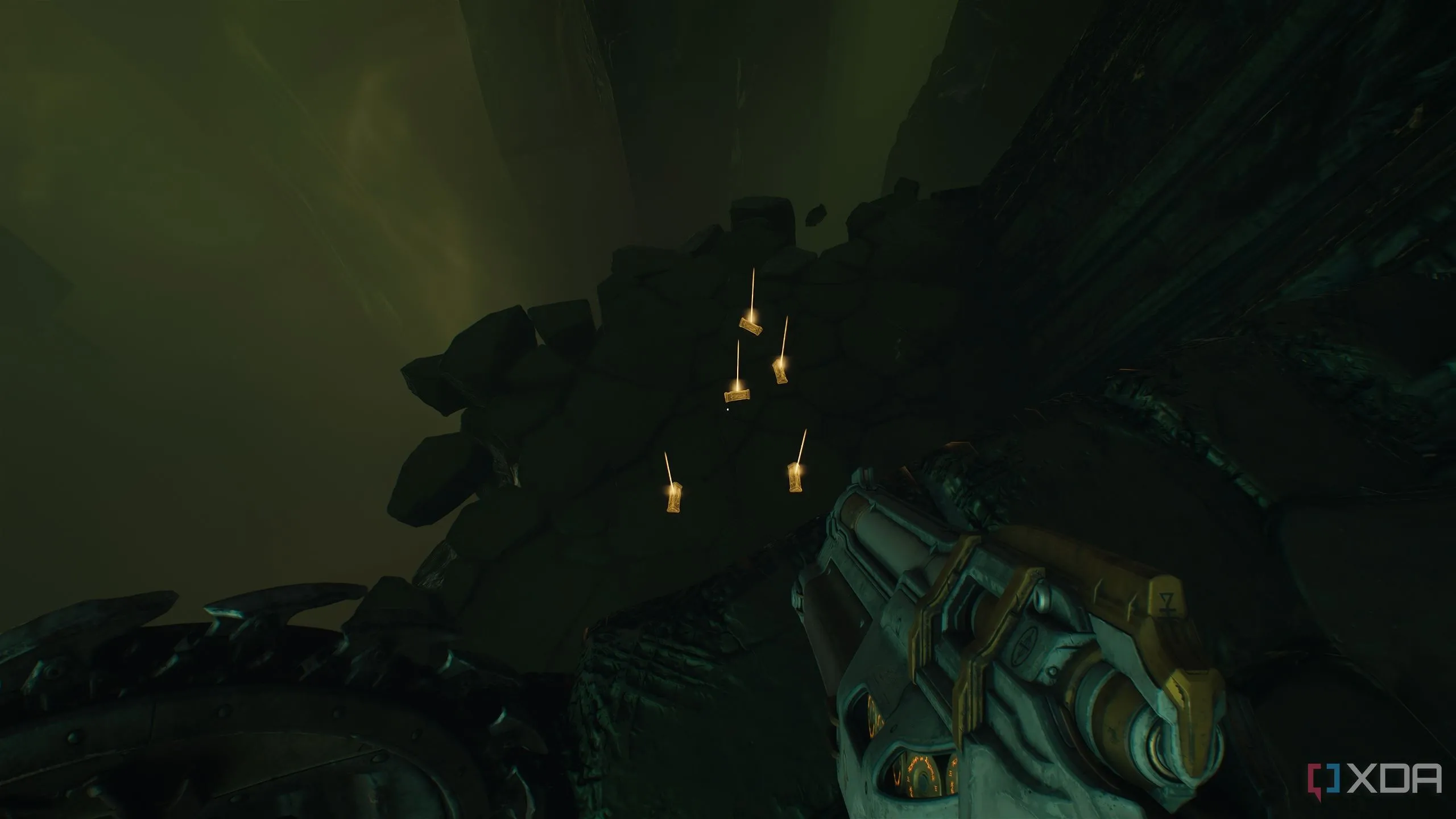 Nền tảng thấp hơn với nhiều cọc vàng nằm dưới cổng Shield Portal, Chapter 15.