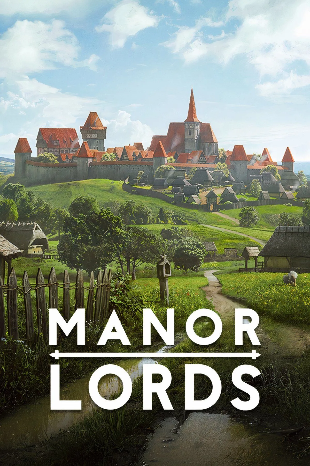 Ngôi làng thời trung cổ trong game Manor Lords với các ngôi nhà gỗ, cánh đồng và nhà thờ