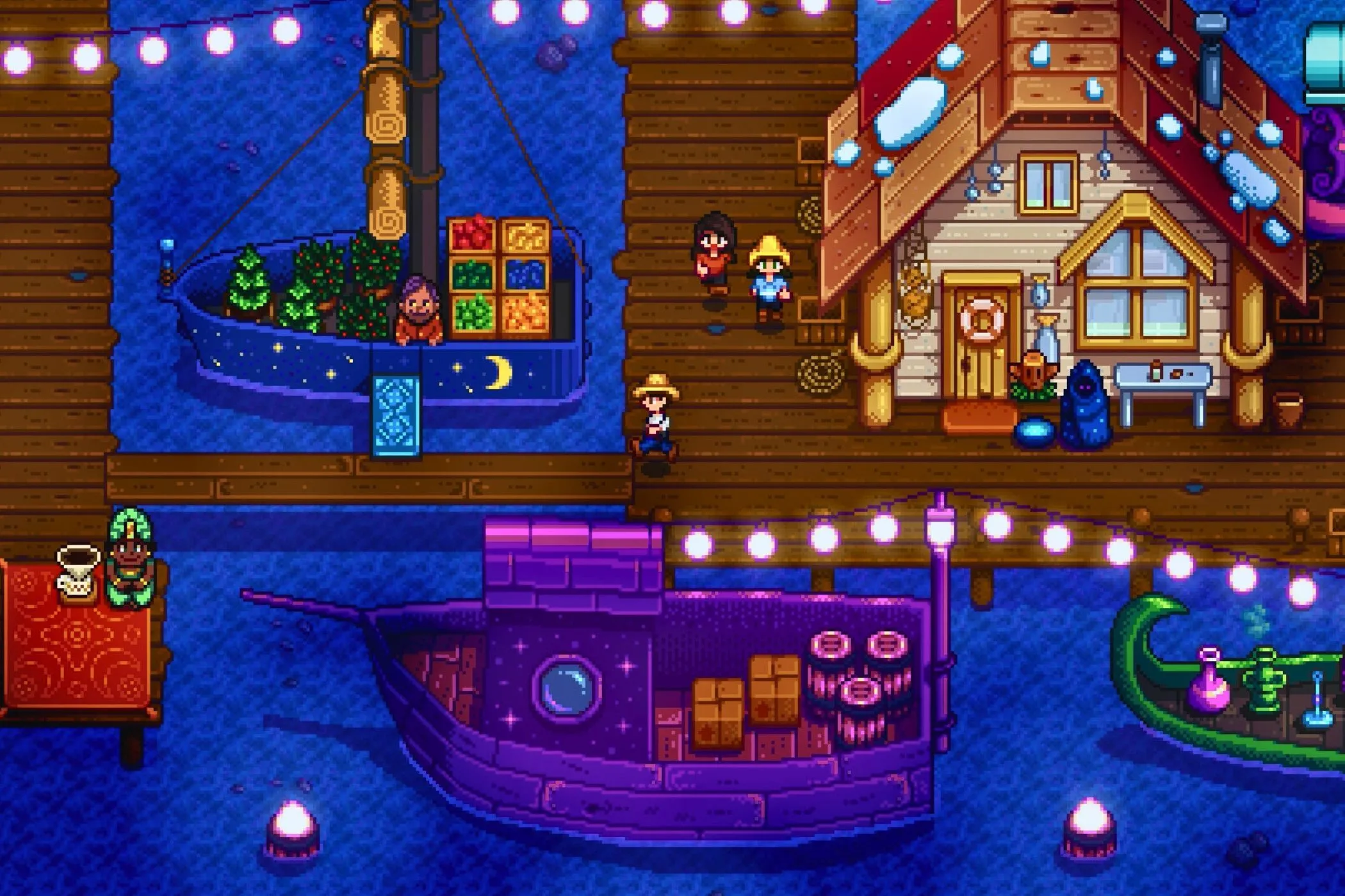 Người chơi Stardew Valley khám phá bến tàu vào ban đêm, thể hiện thế giới rộng lớn và cập nhật nội dung mới.