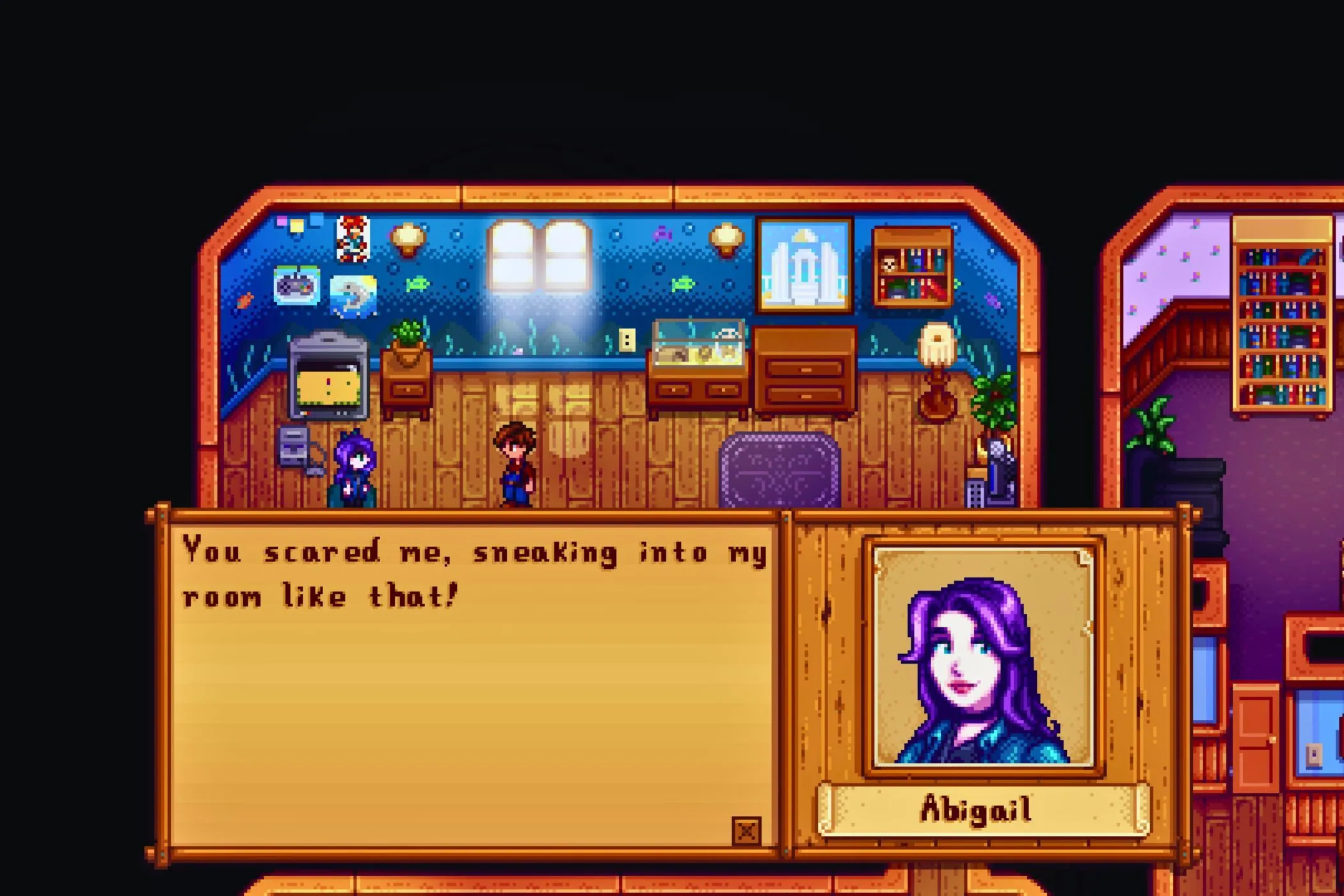 Người chơi Stardew Valley tương tác với nhân vật Abigail trong nhà, minh họa chiều sâu hệ thống quan hệ và không có giao dịch nhỏ.