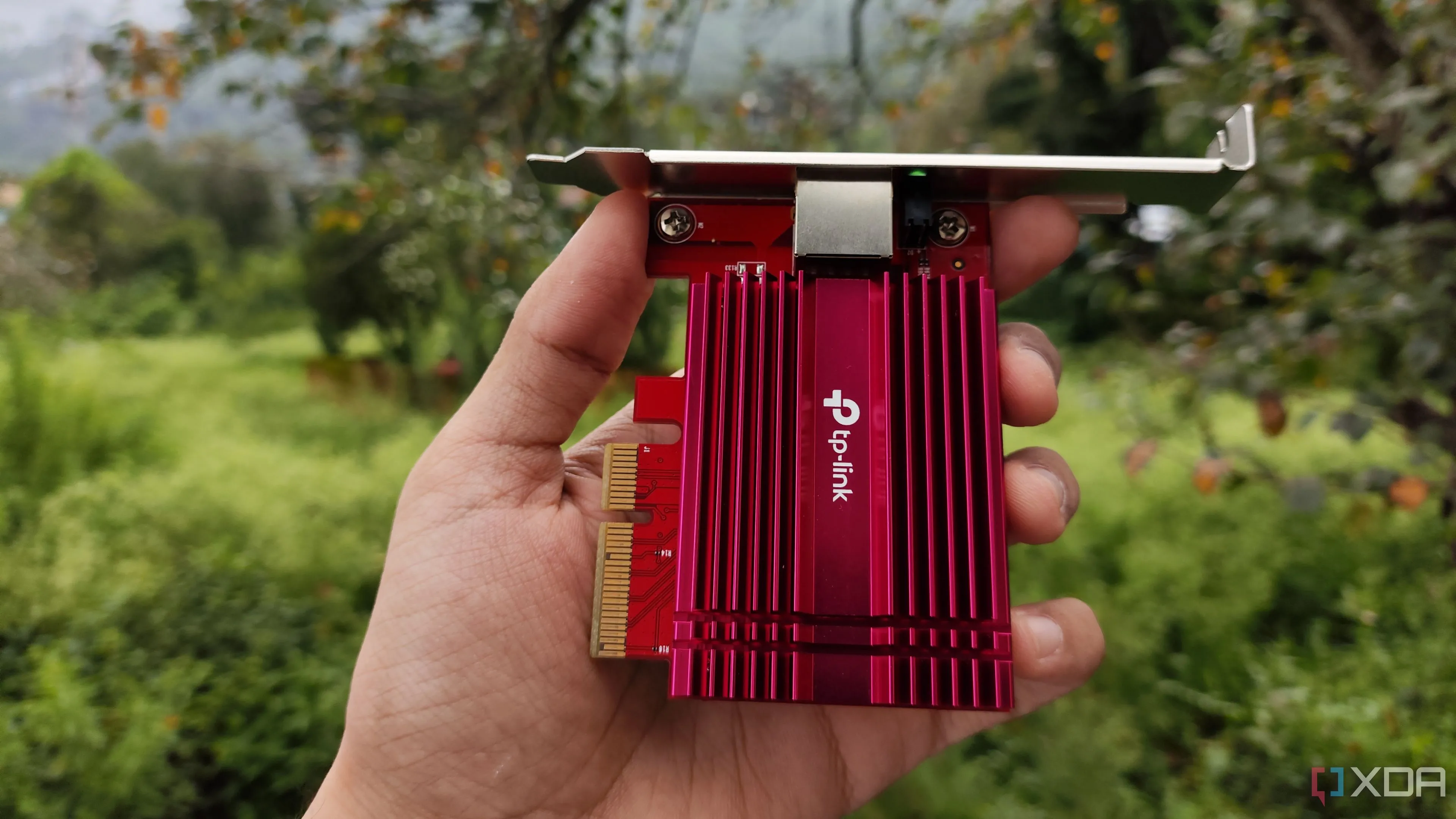 Người dùng đang cầm card mạng TP-Link 10G NIC, minh họa cho phần hỗ trợ driver trên các nền tảng ảo hóa OPNsense và pfSense