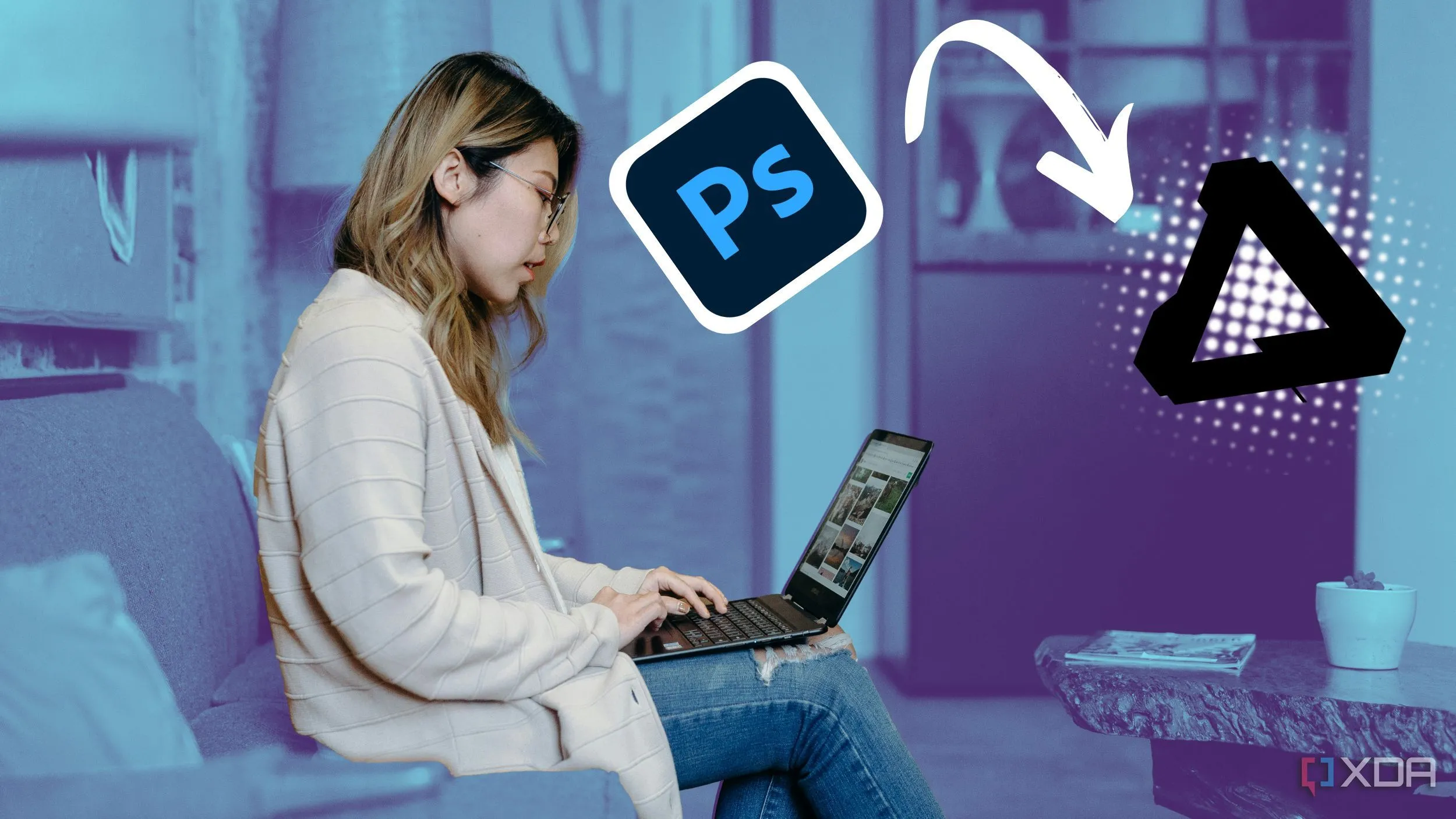 Người phụ nữ làm việc trên laptop với logo Photoshop chuyển sang logo Affinity, biểu tượng cho việc chuyển đổi phần mềm