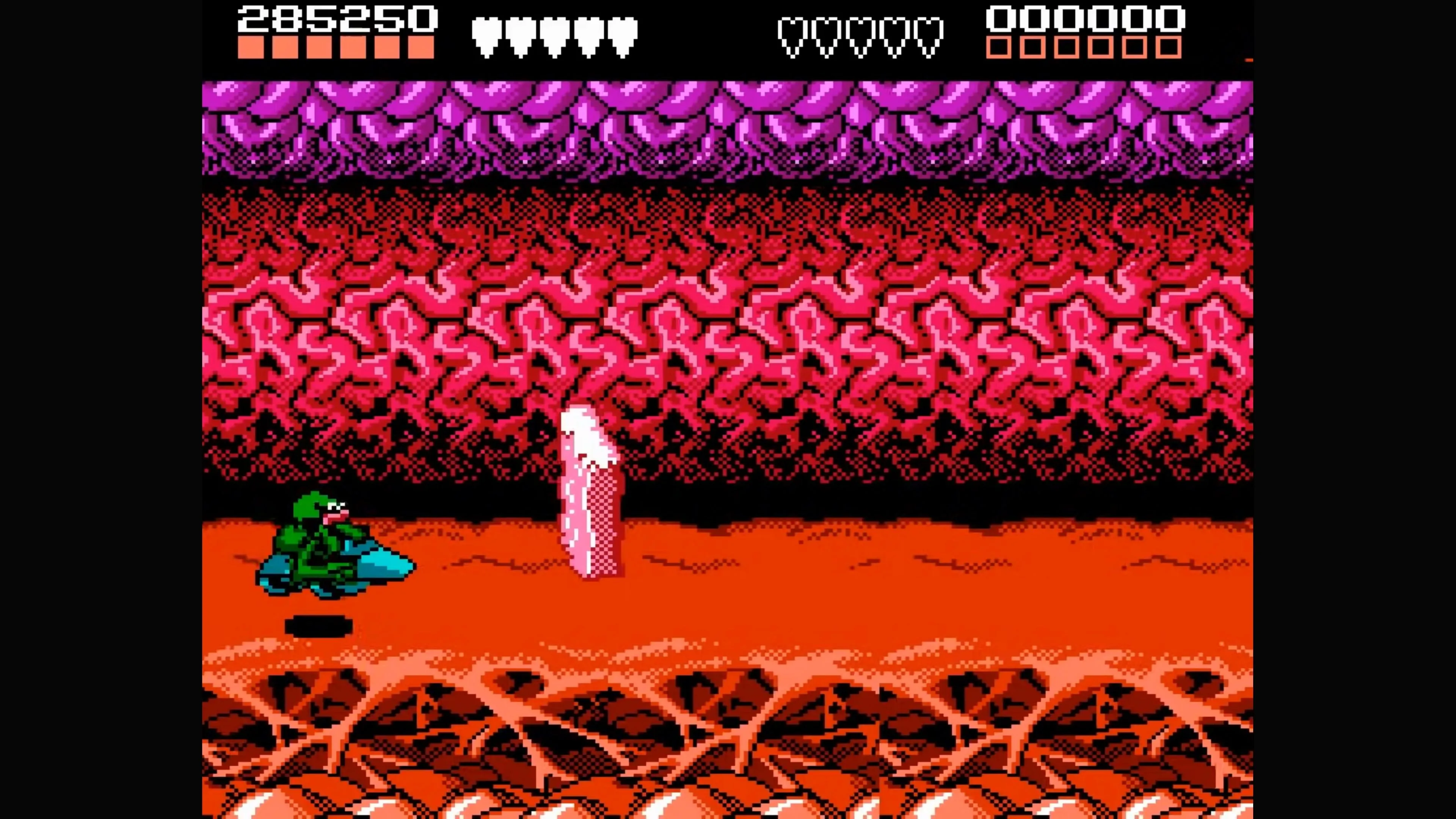 Nhân vật Battletoad Pimple tung cú đấm mạnh mẽ về phía kẻ thù trong một màn đấu cận chiến