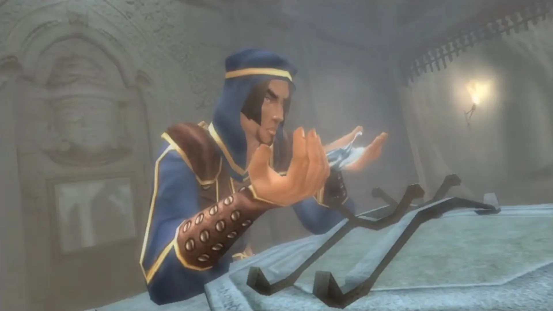 Nhân vật chính phát hiện Dagger of Time trong một cảnh game Prince of Persia: The Sands of Time