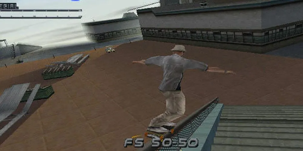 Nhân vật đang trượt ván trên đường ray trong game Tony Hawk's Pro Skater 2