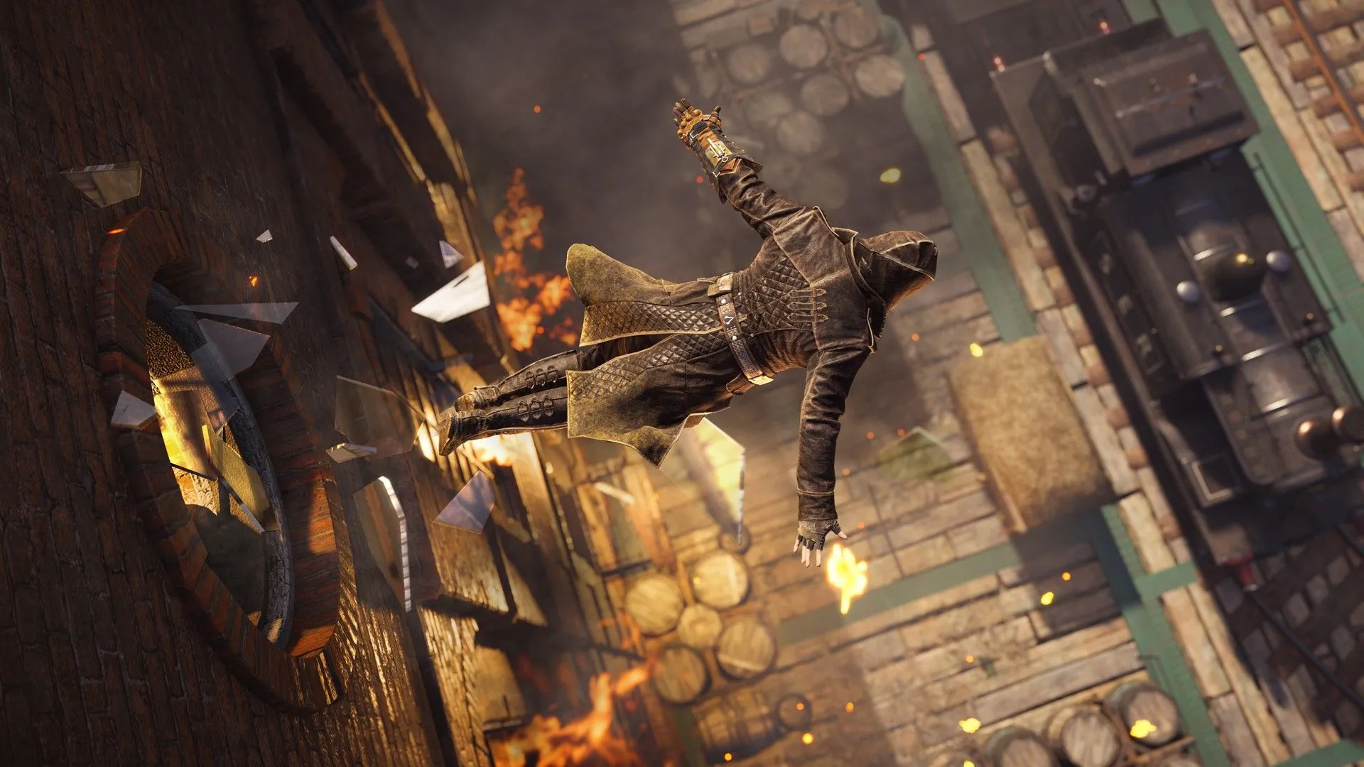 Nhân vật Jacob thực hiện cú nhảy niềm tin trong Assassin's Creed Syndicate, minh họa cho sự đổi mới trong thiết kế game