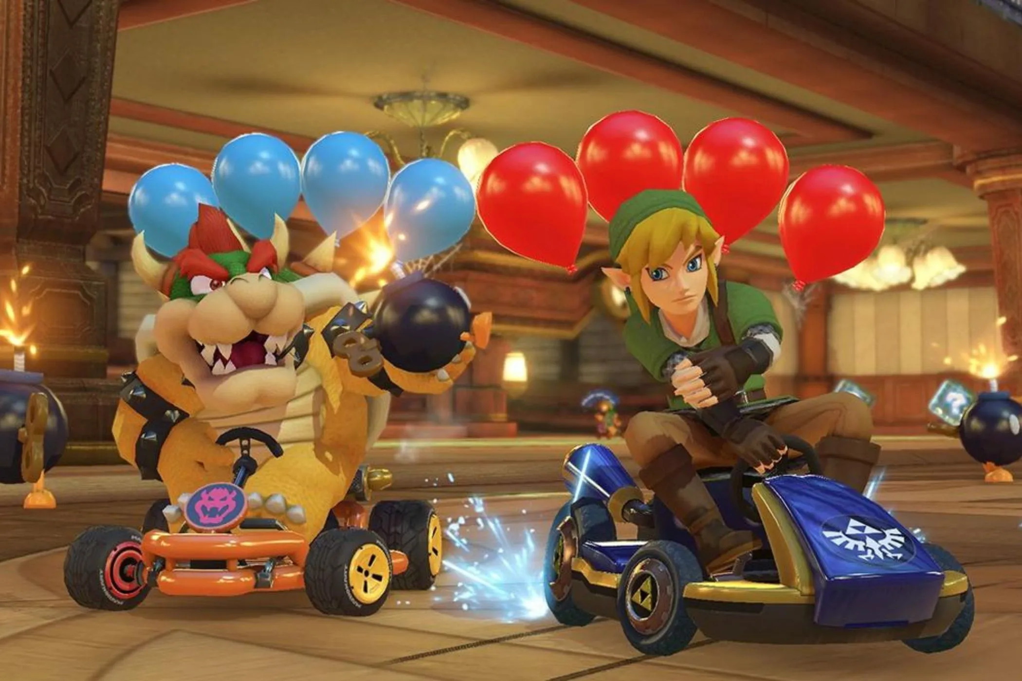 Nhân vật Link và Bowser đang tranh tài sôi nổi trên đường đua trong tựa game Mario Kart 8 Deluxe, minh họa trải nghiệm đua xe đầy kịch tính.