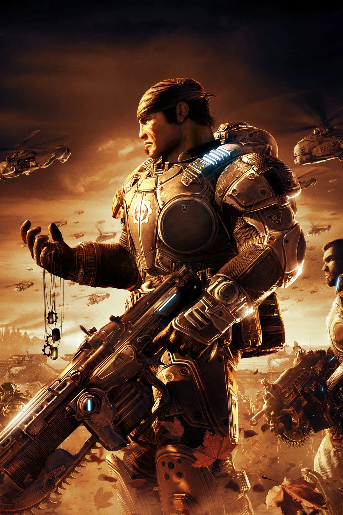 Nhân vật Marcus Fenix sử dụng súng Lancer đặc trưng trong Gears of War 2