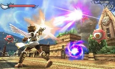 Nhân vật Pit từ Kid Icarus Uprising đang bay lượn trên không trung, chuẩn bị tấn công trong một phân cảnh hành động
