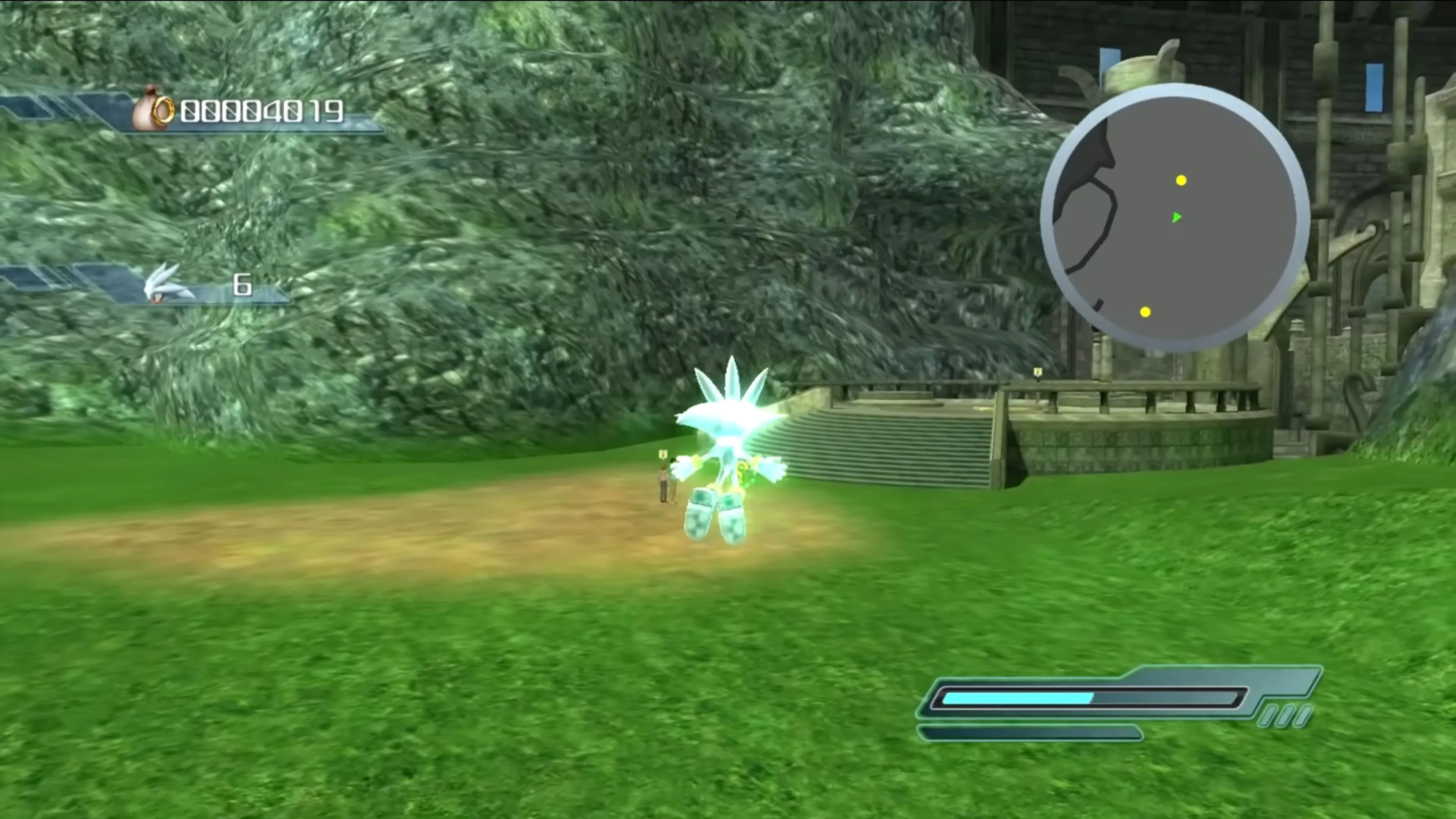 Nhân vật Silver đang bay lượn trong môi trường xanh mát của game Sonic the Hedgehog (2006)