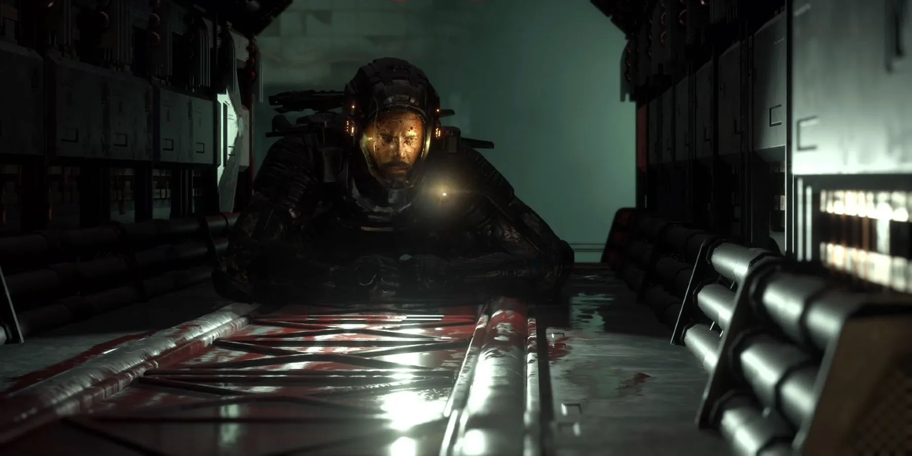 Nhân vật trong The Callisto Protocol đang luồn lách qua khe hẹp