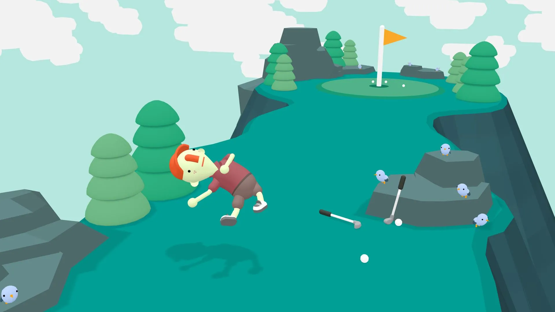 Nhân vật trong What the Golf? đang chuẩn bị đánh một quả bóng golf siêu dị.