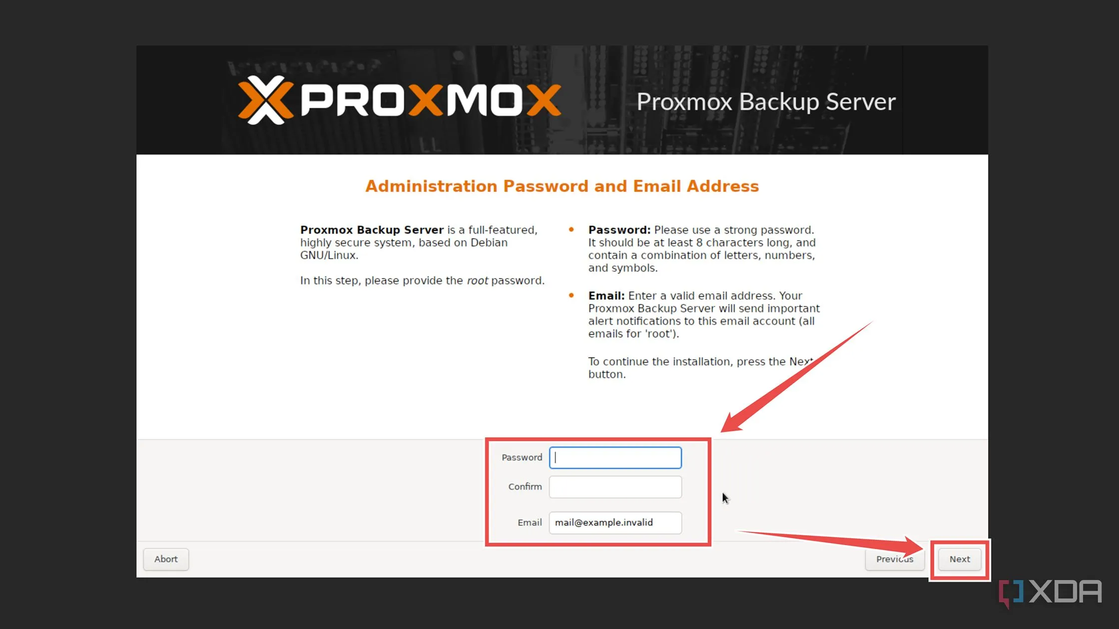 Nhập mật khẩu và địa chỉ email quản trị viên cho hệ thống Proxmox Backup Server